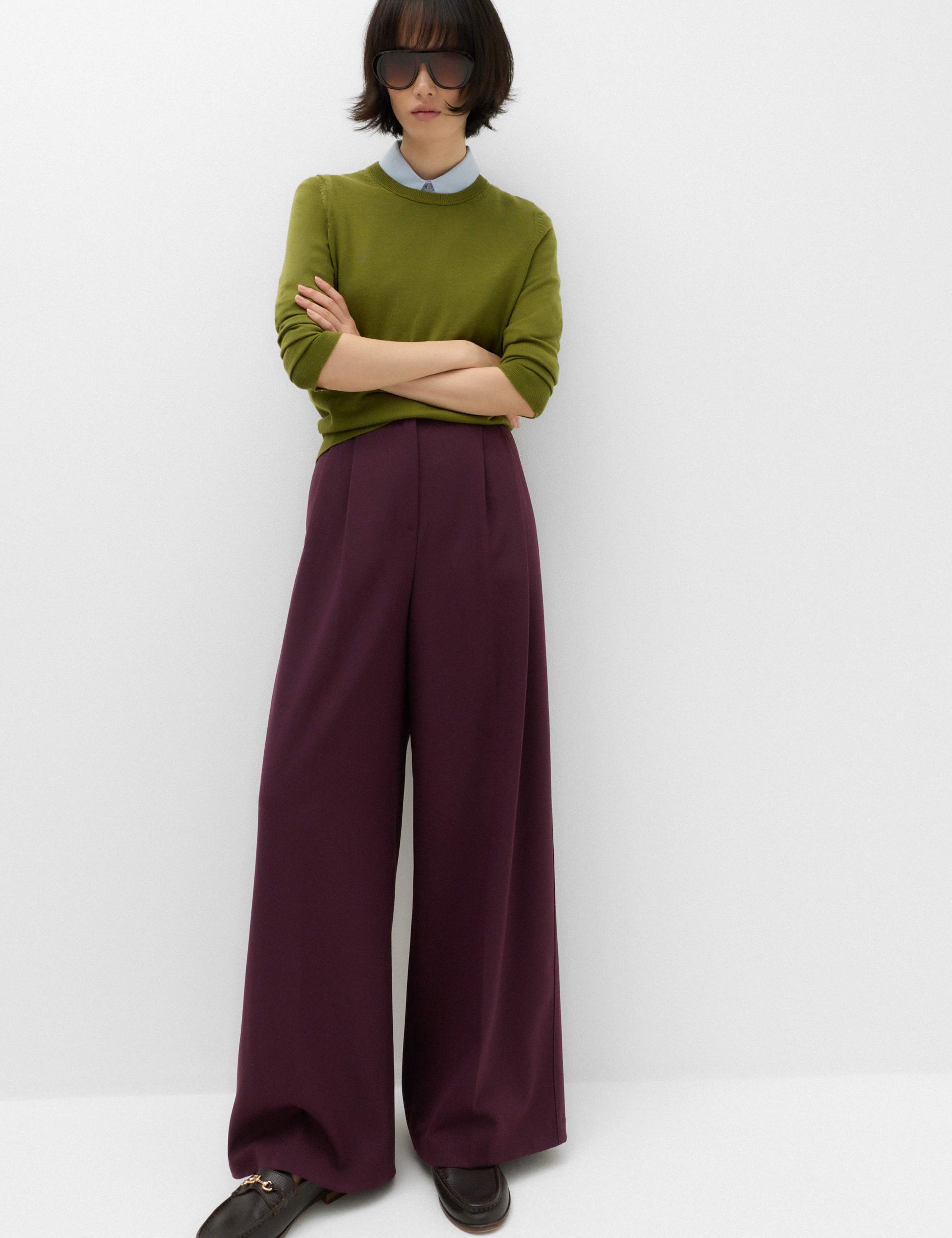 Double Pleated Side Tab Wide Leg Trousers