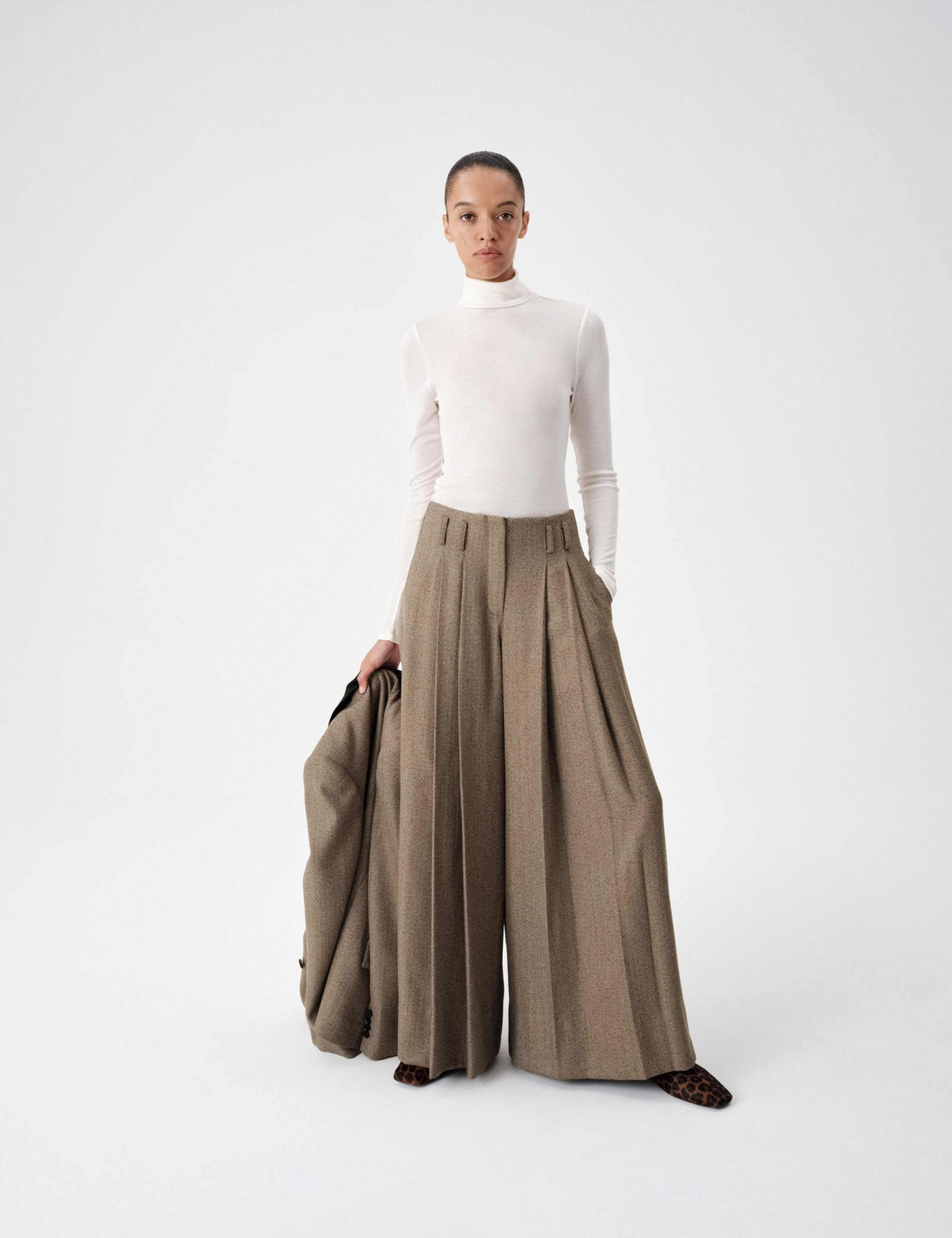 Tweed Herringbone Pleated Wide Leg Trousers