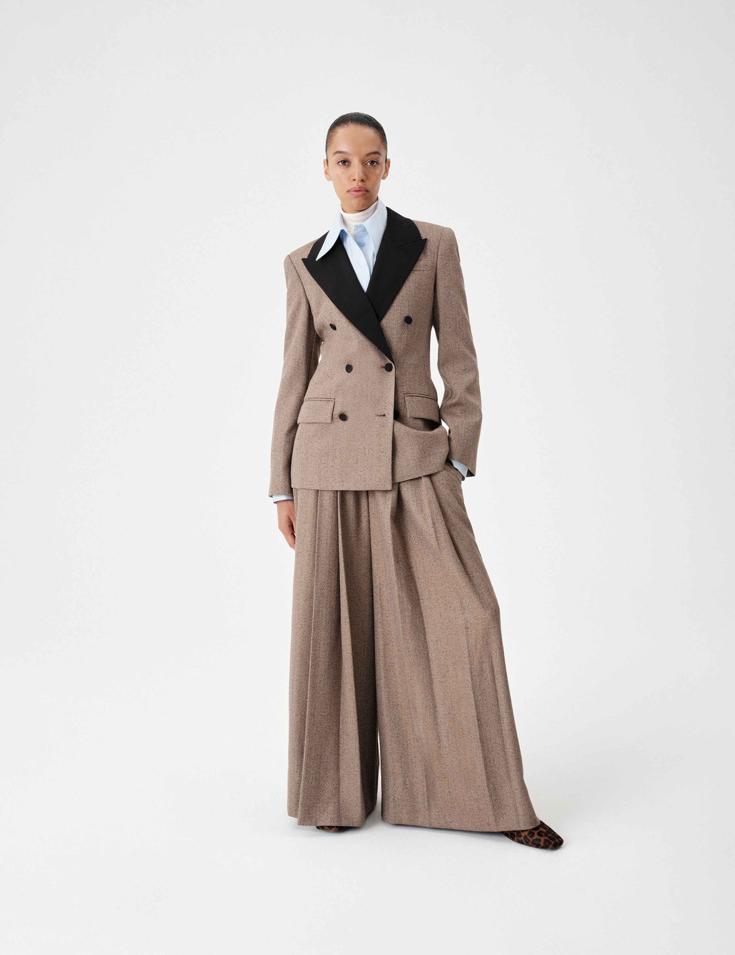 Tweed Fitted Herringbone Contrast Double Breasted Fitted Jacket