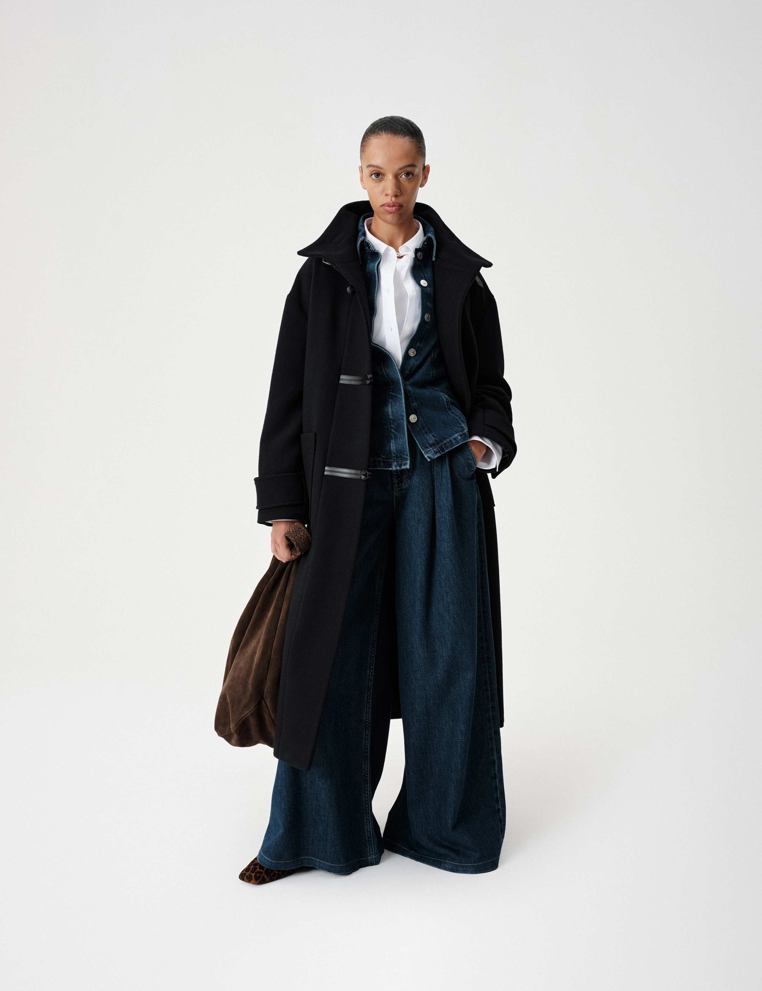 Funnel Neck PU Trim Longline Coat