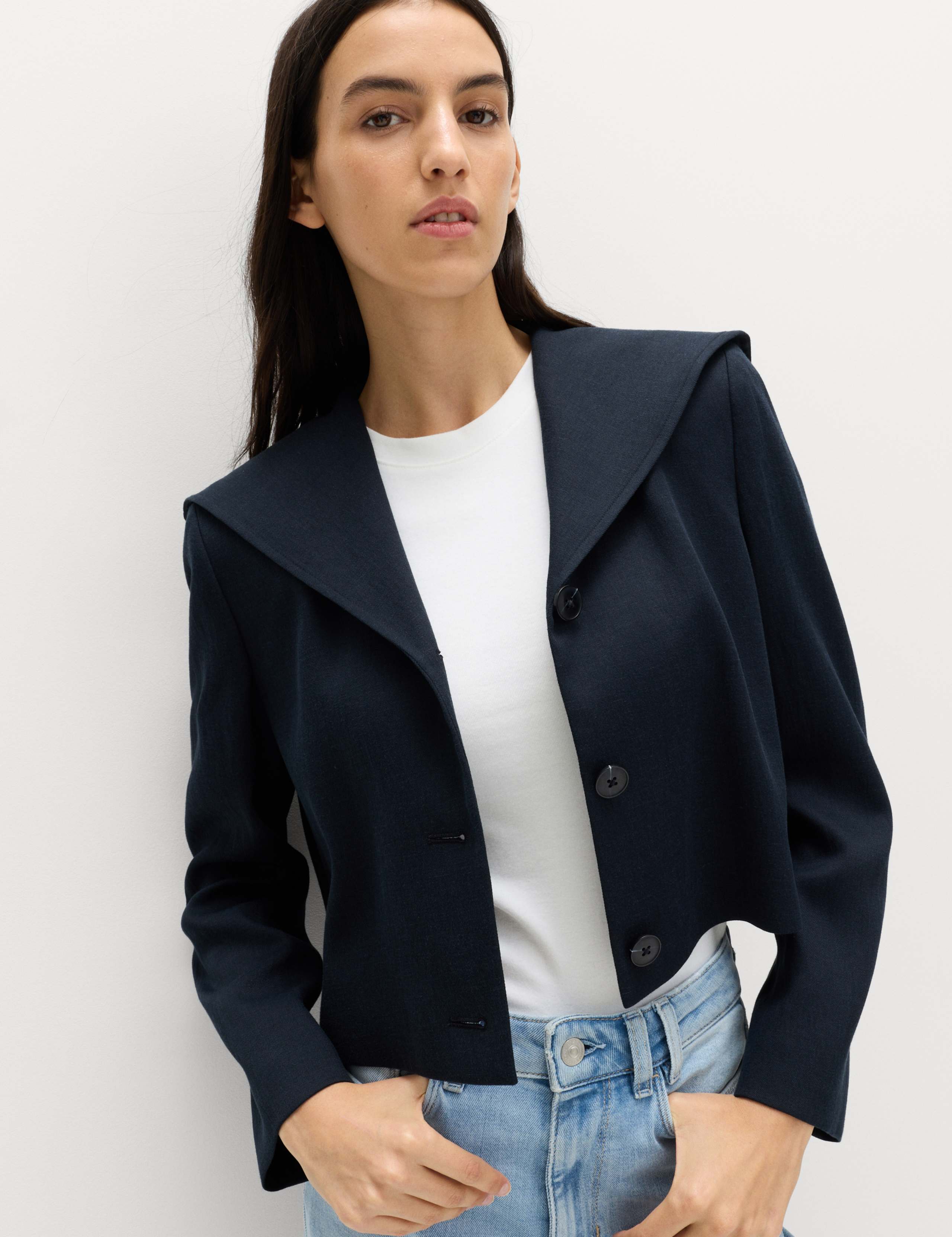 Collared Short Sailor Jacket with Linen