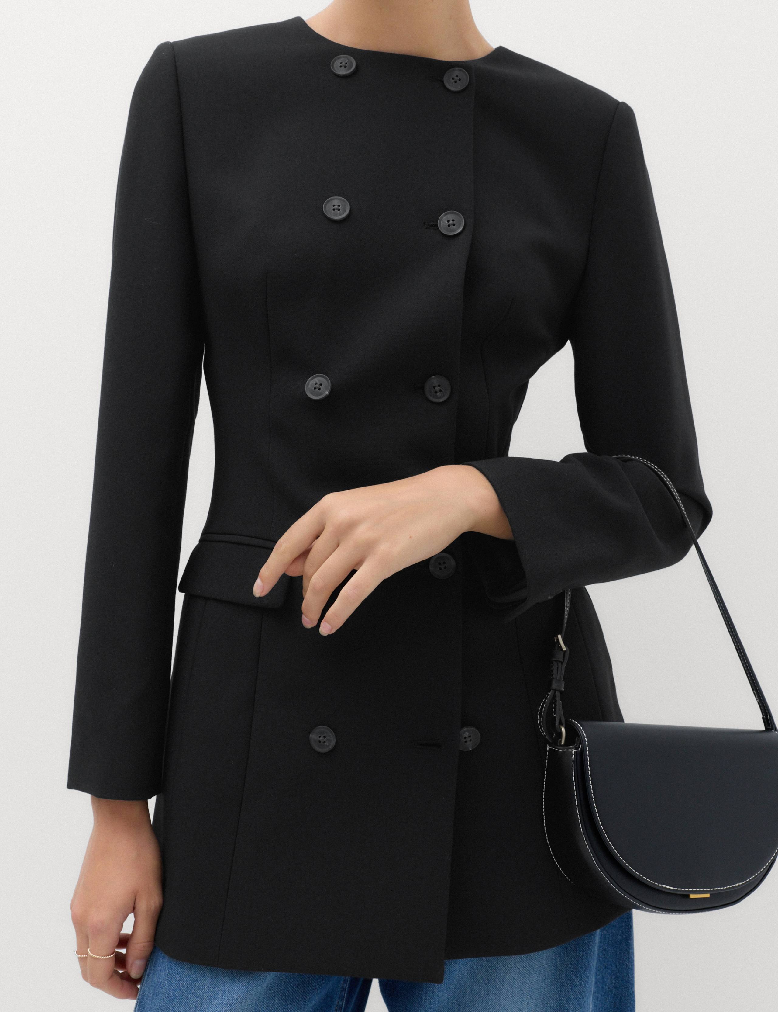 Double Breasted Collarless Longline Blazer