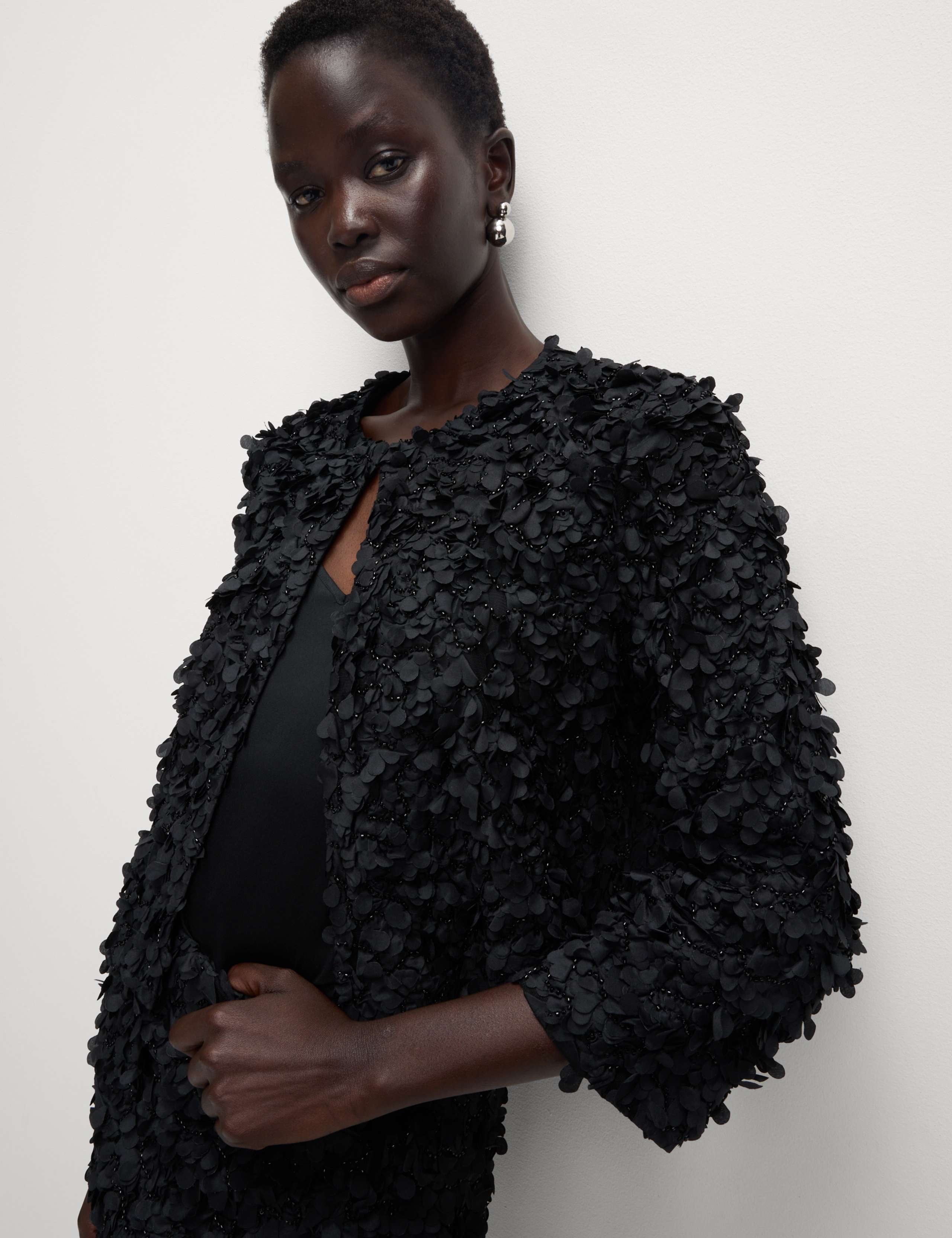 Mesh Textured Beaded Edge to Edge Jacket