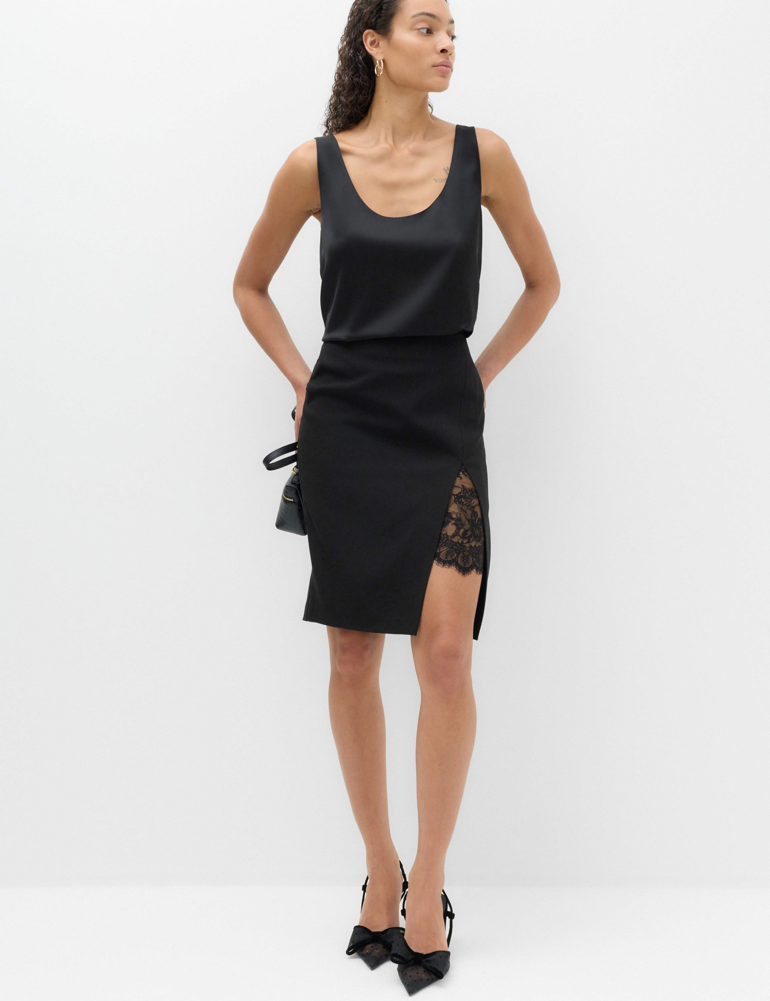Lace Split Front Knee Length Pencil Skirt