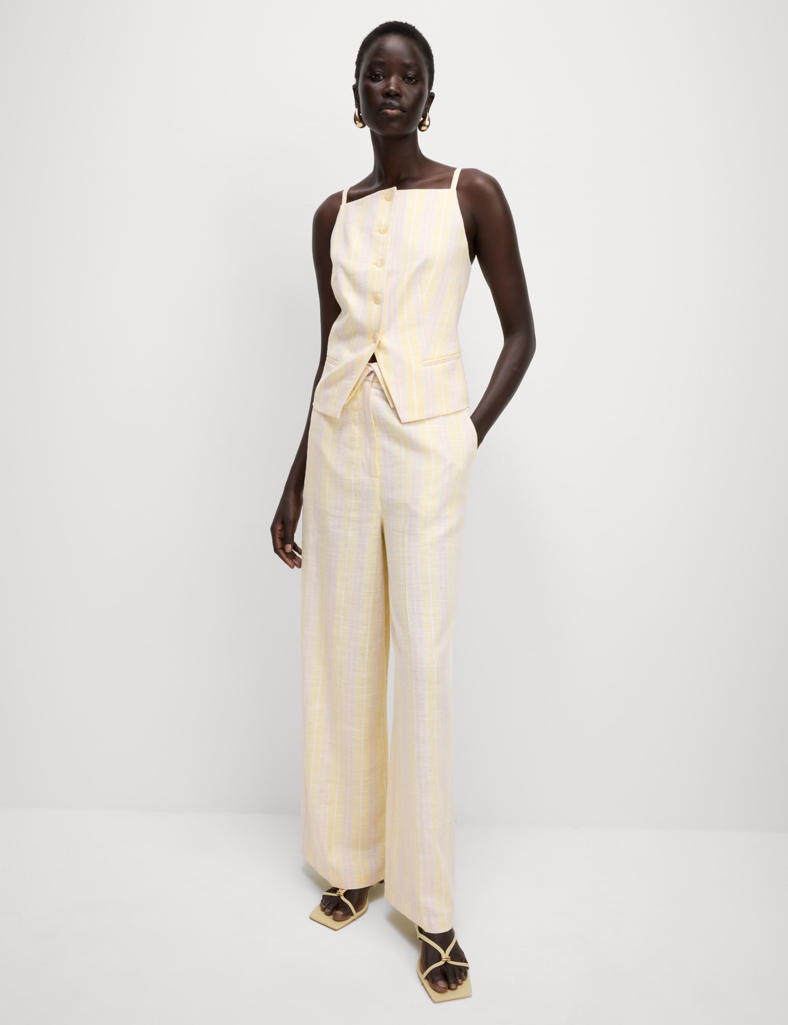 Linen Blend Striped Wide Leg Trousers