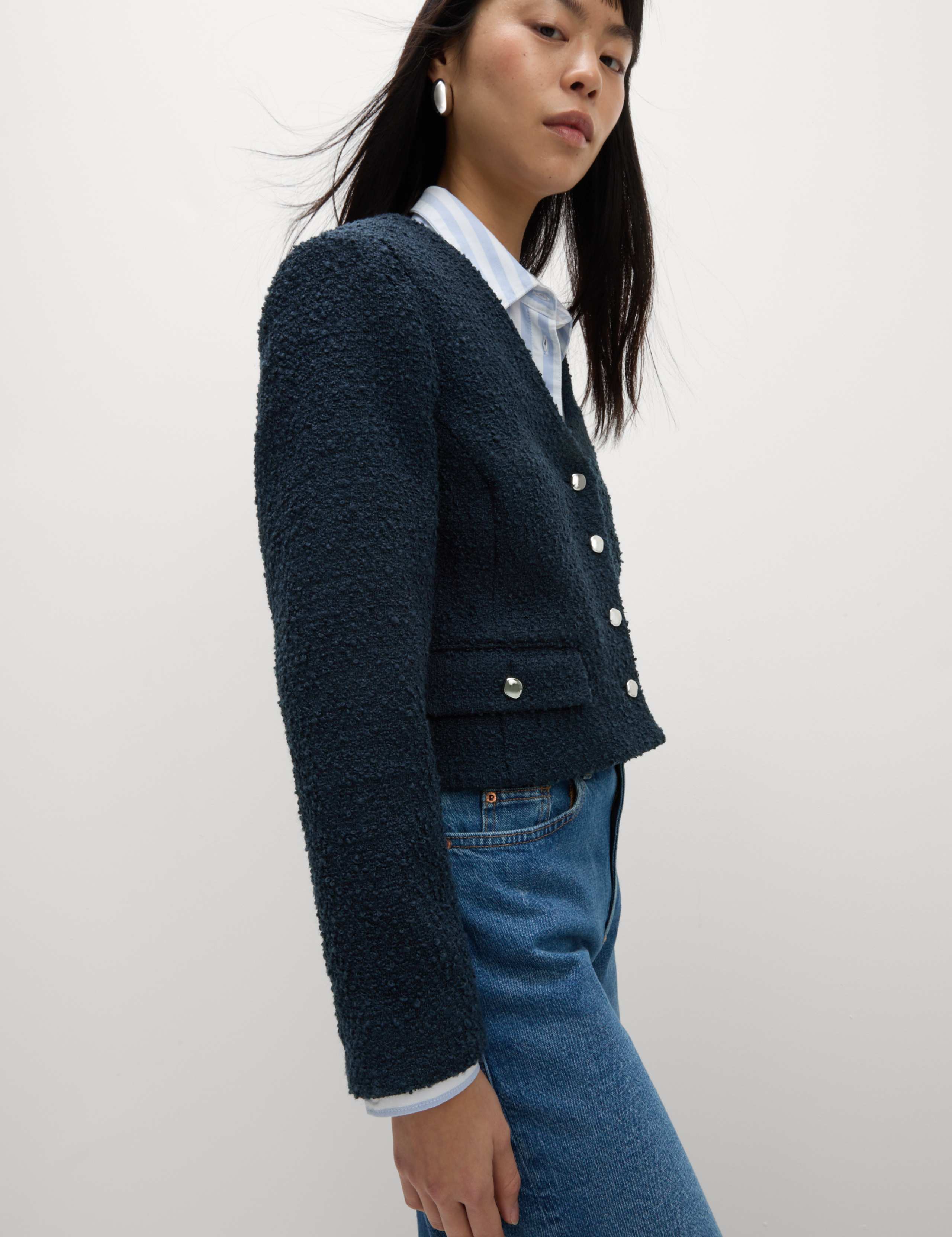 V Neck Fringe Tweed Jacket