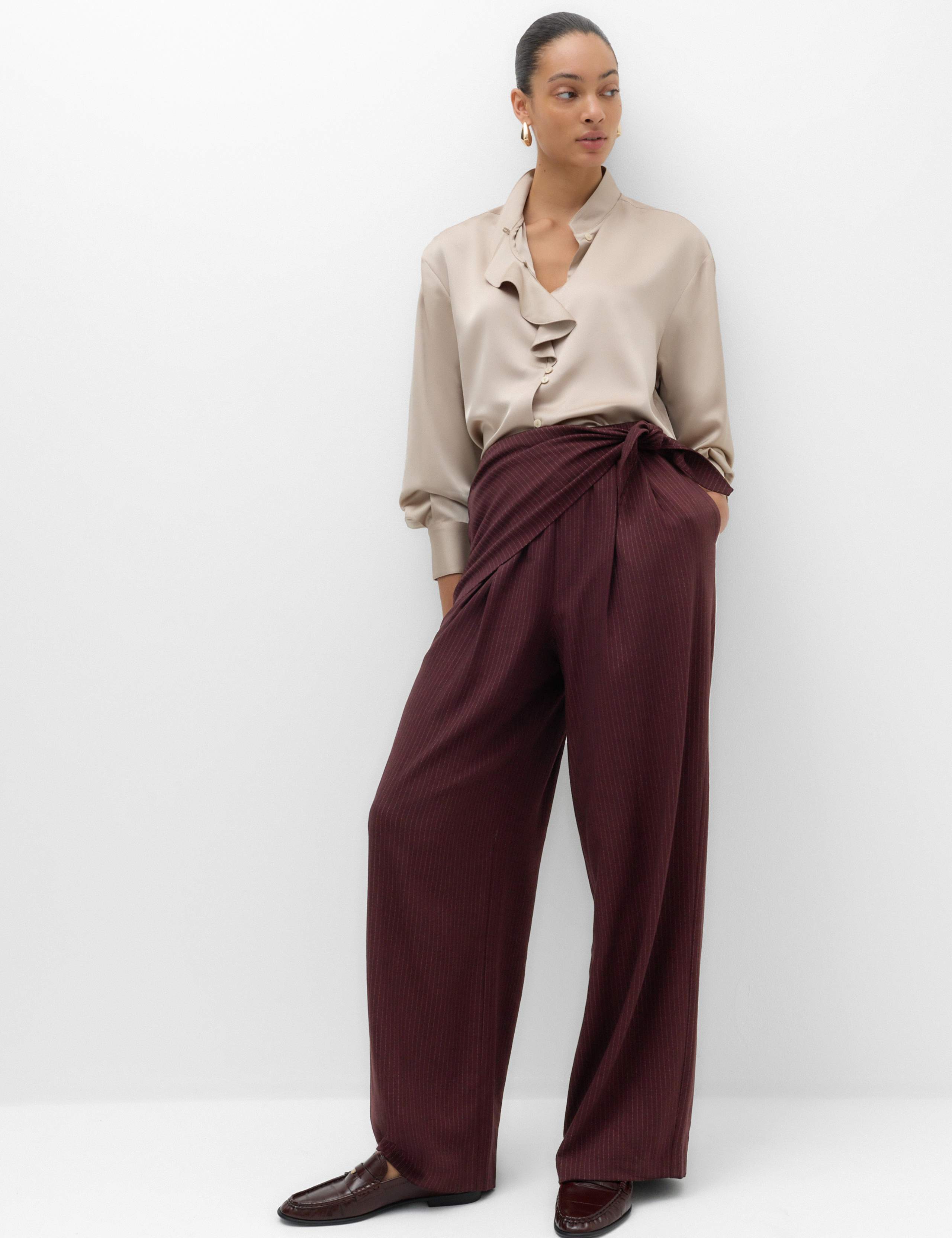 Pinstripe Wrap Detail Wide Leg Trousers