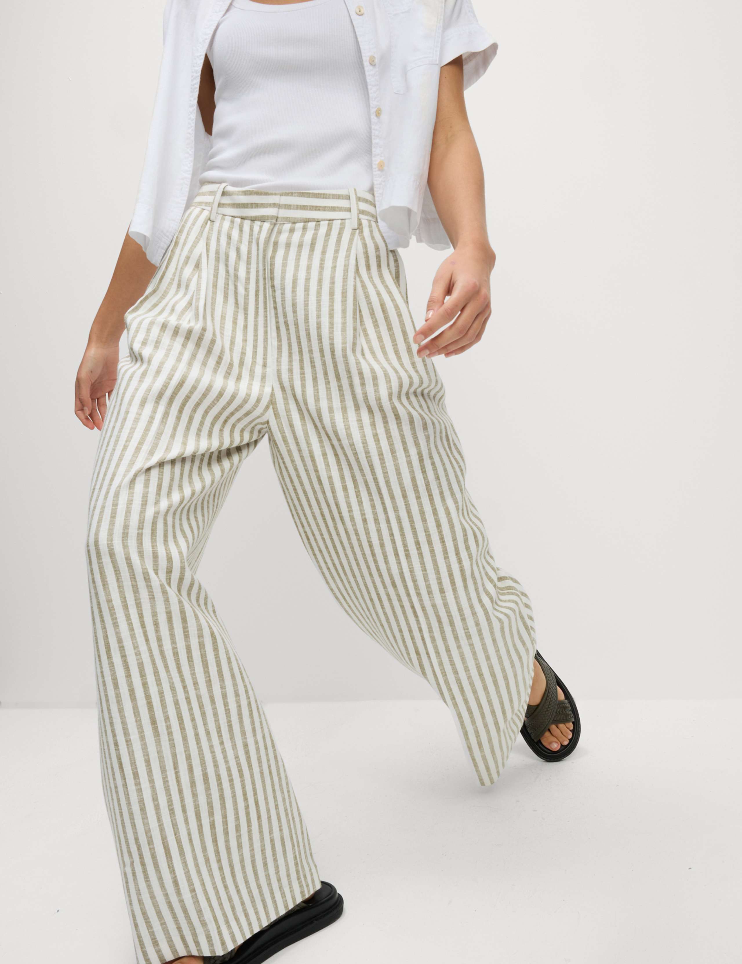 Linen Blend Striped Pleated Wide Leg Trousers