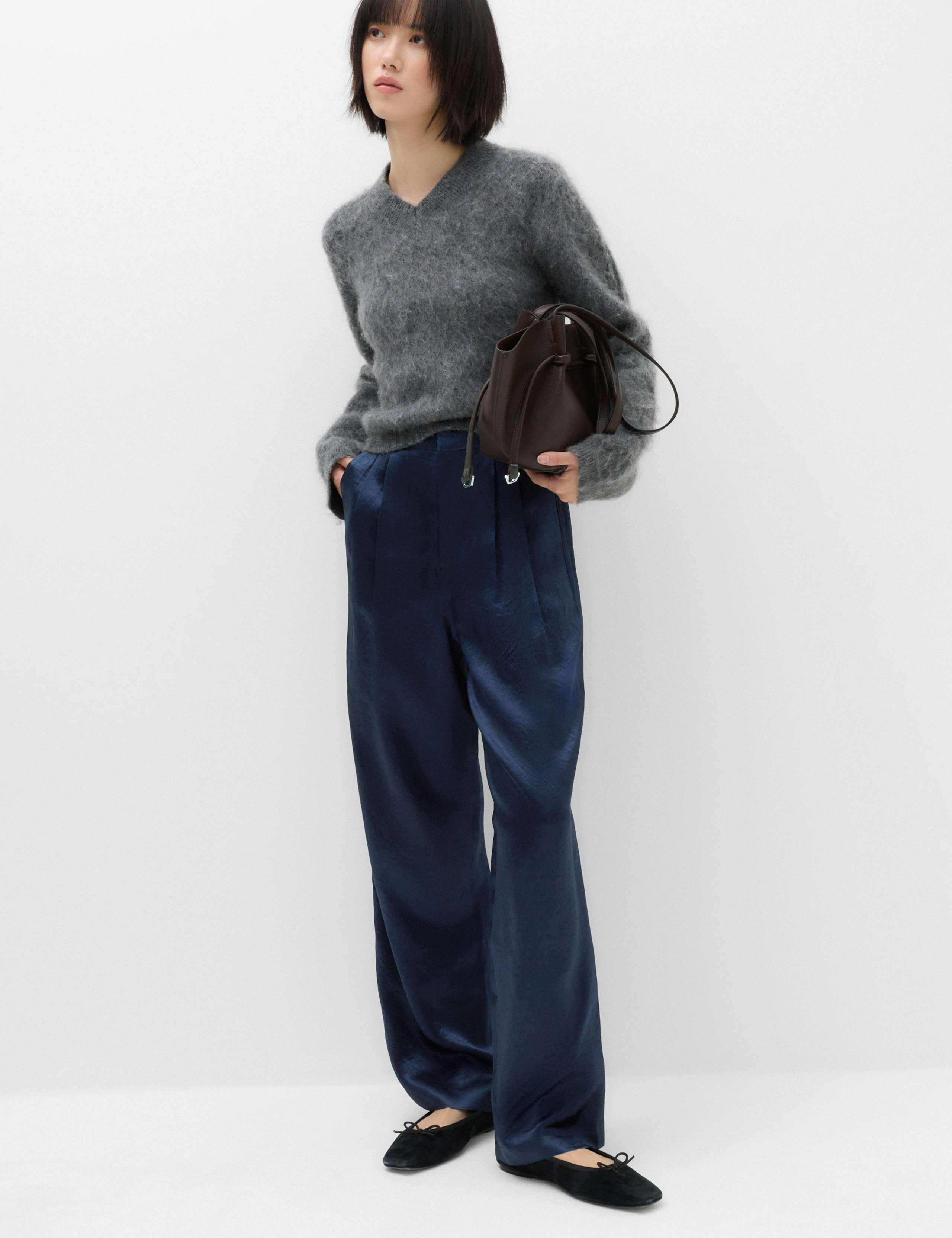 Satin Pleated Wide Leg Trousers