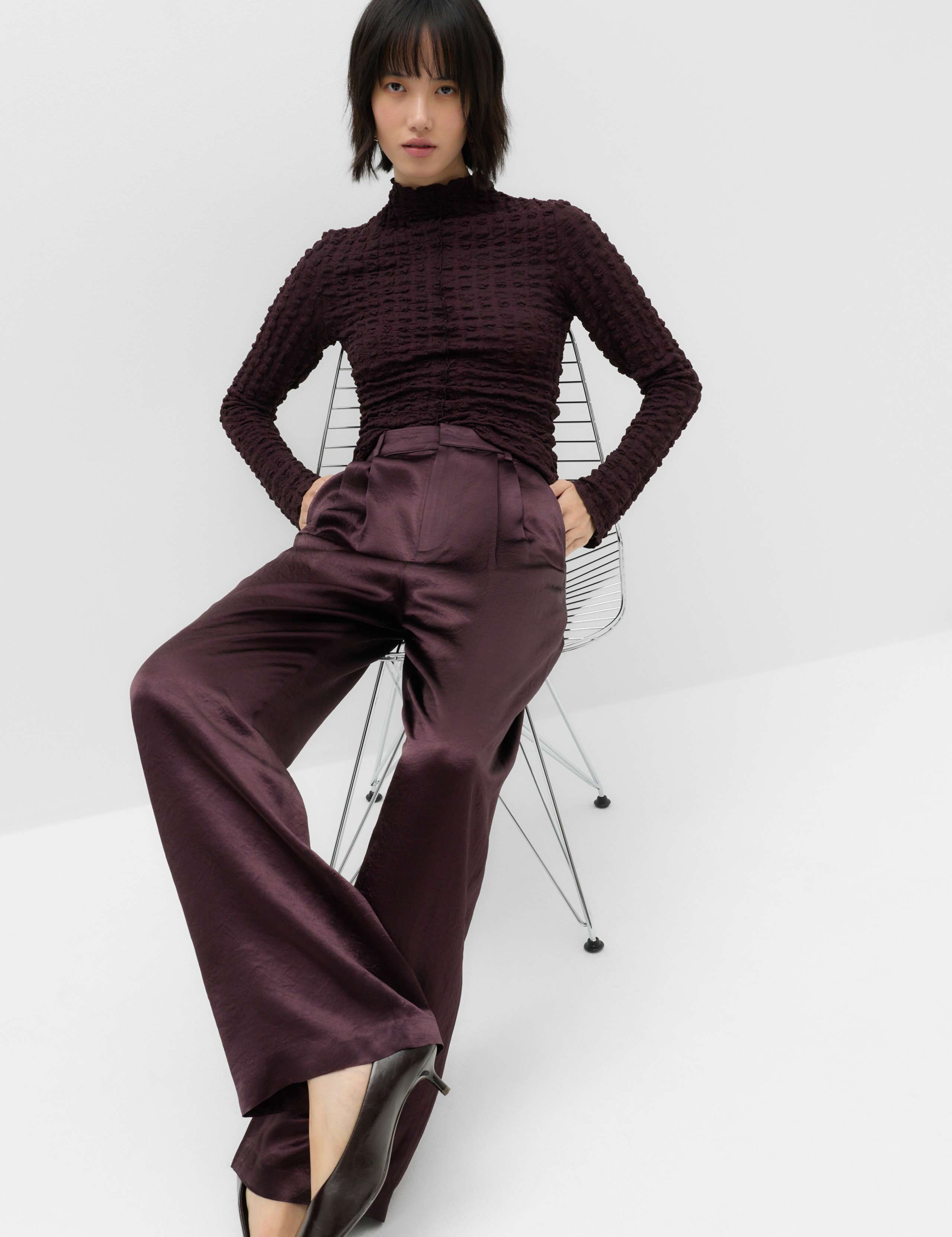 Satin Pleated Wide Leg Trousers
