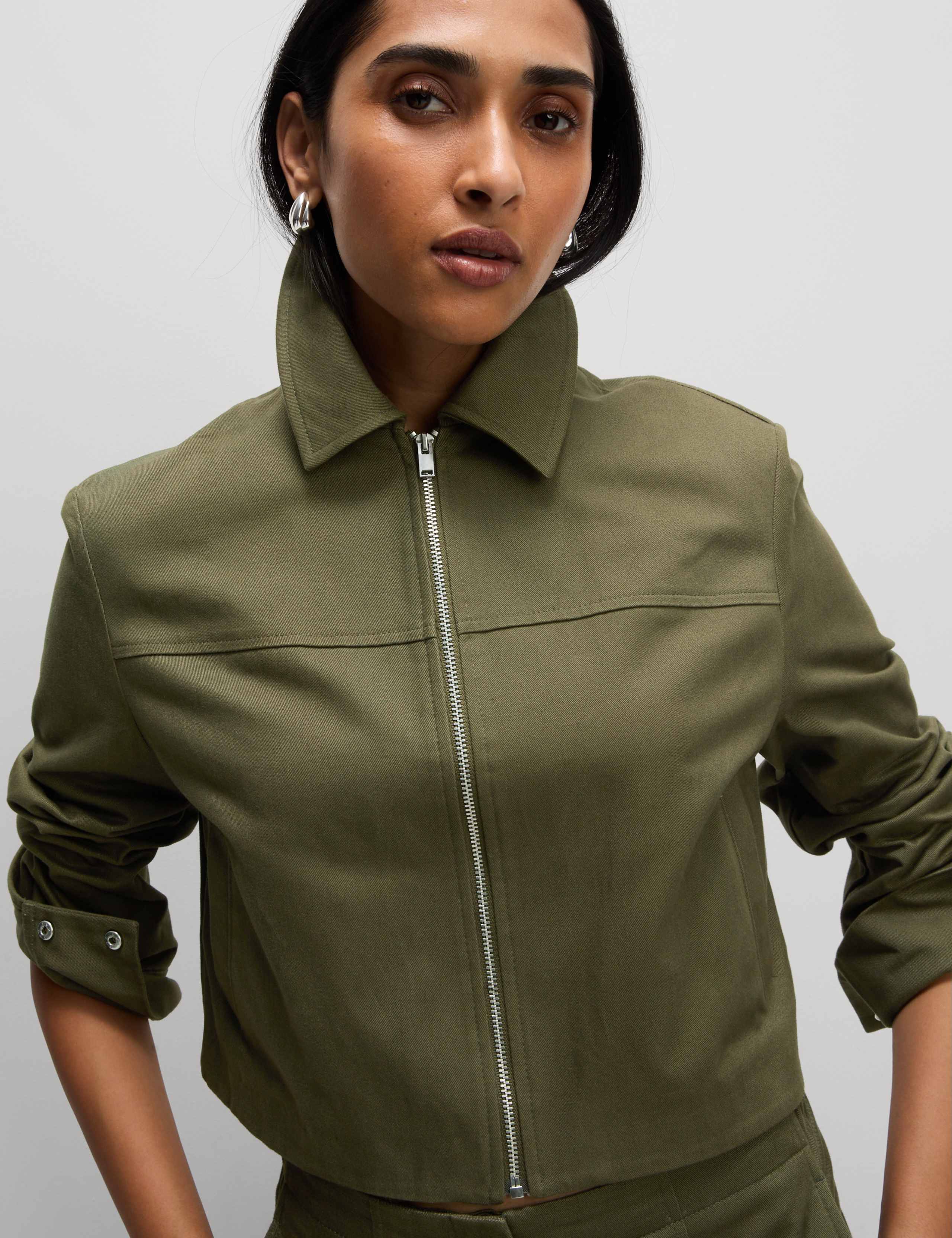 Pure Cotton Twill Collared Short Jacket