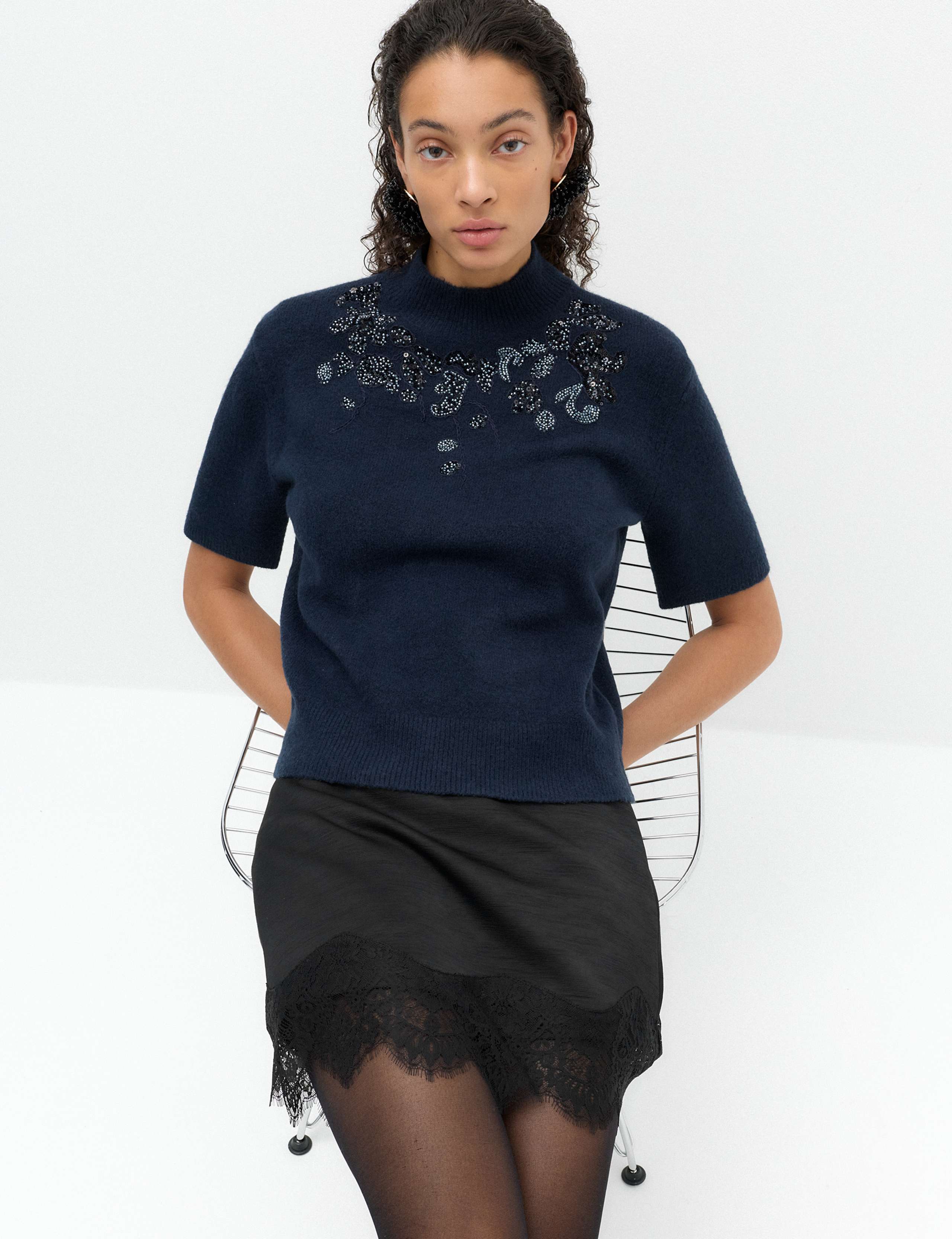Satin Textured Lace Detail Mini Slip Skirt