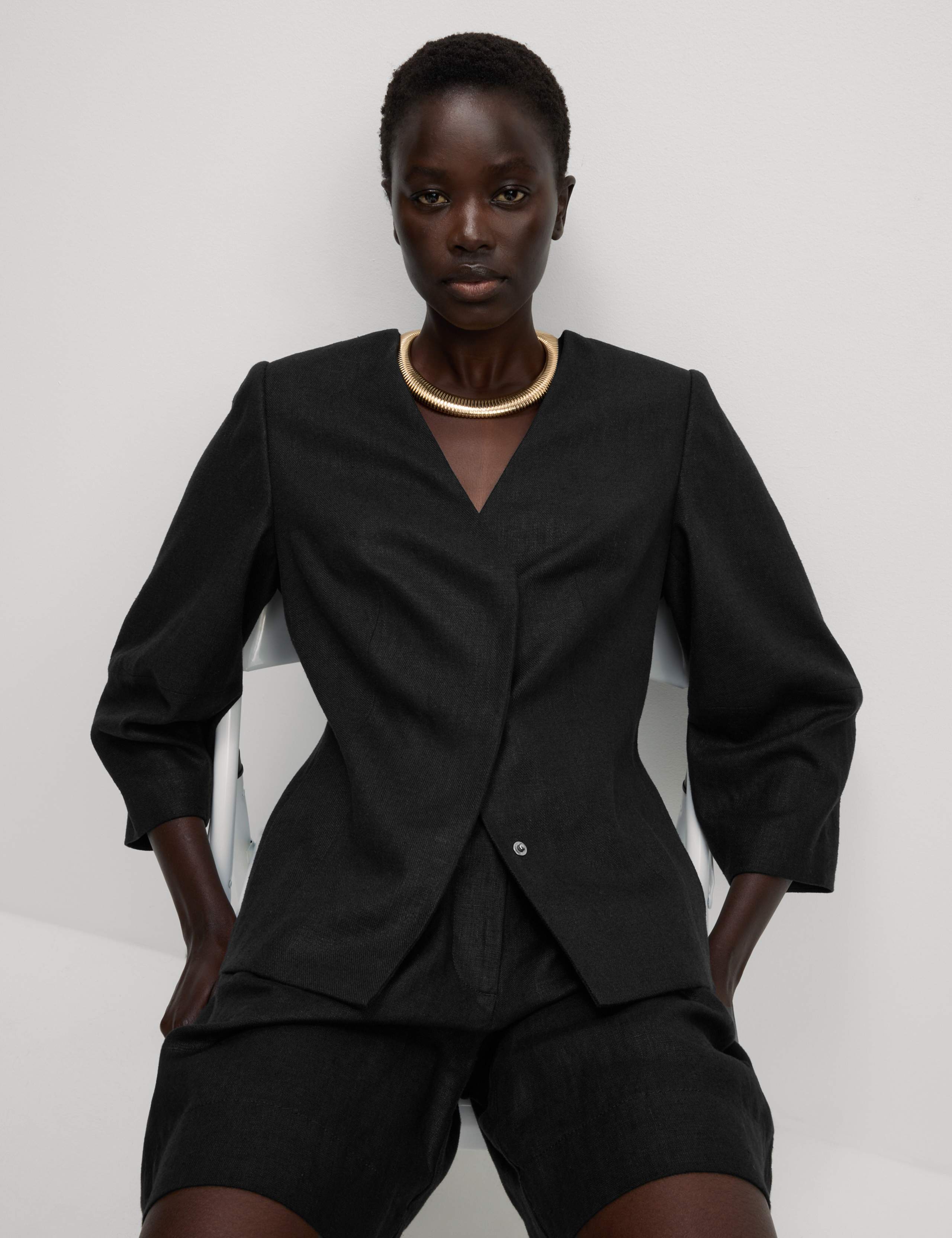 Linen Rich Tailored Collarless Blazer