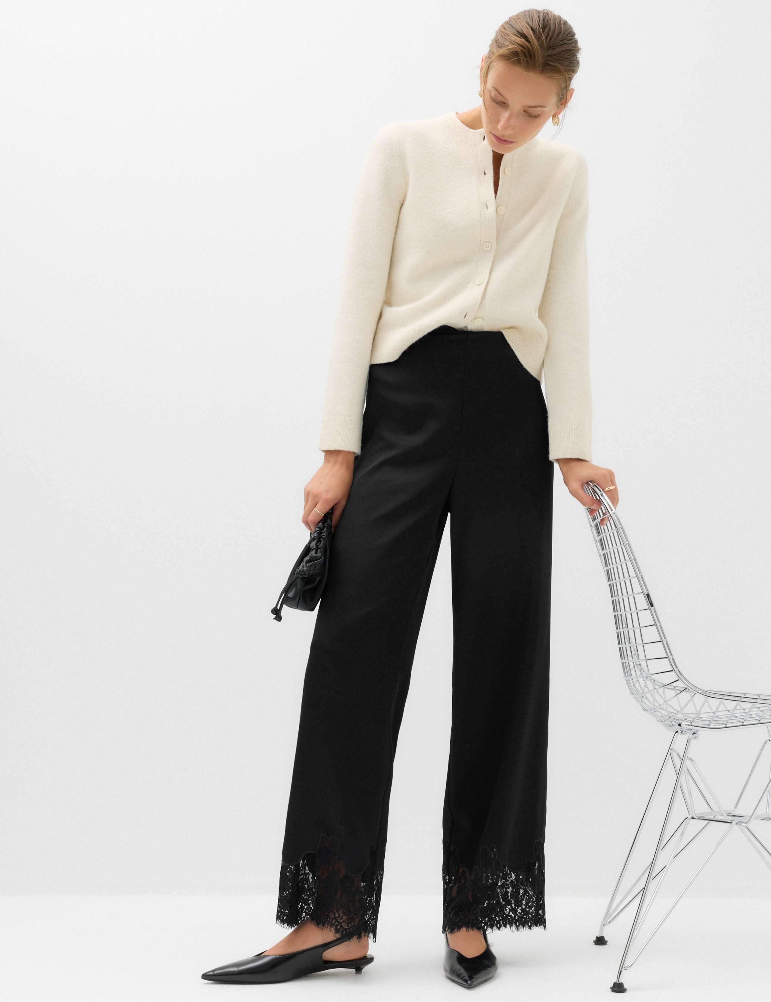Satin Lace Hem Straight Leg Trousers