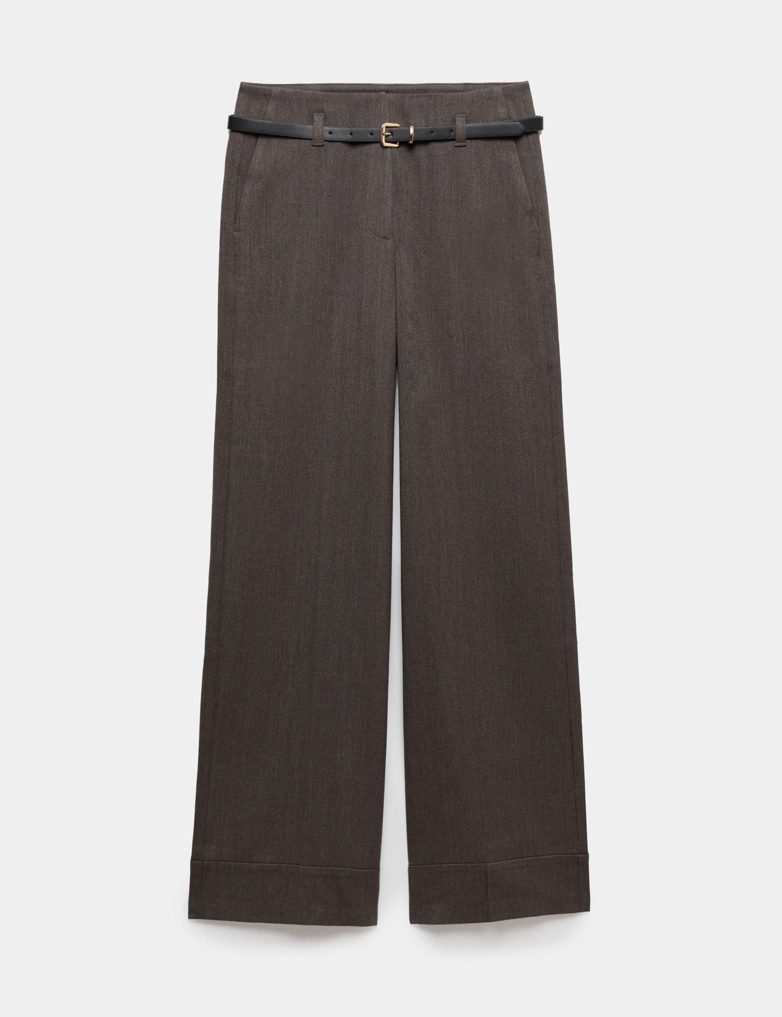 Herringbone Belted Straight Leg Trousers