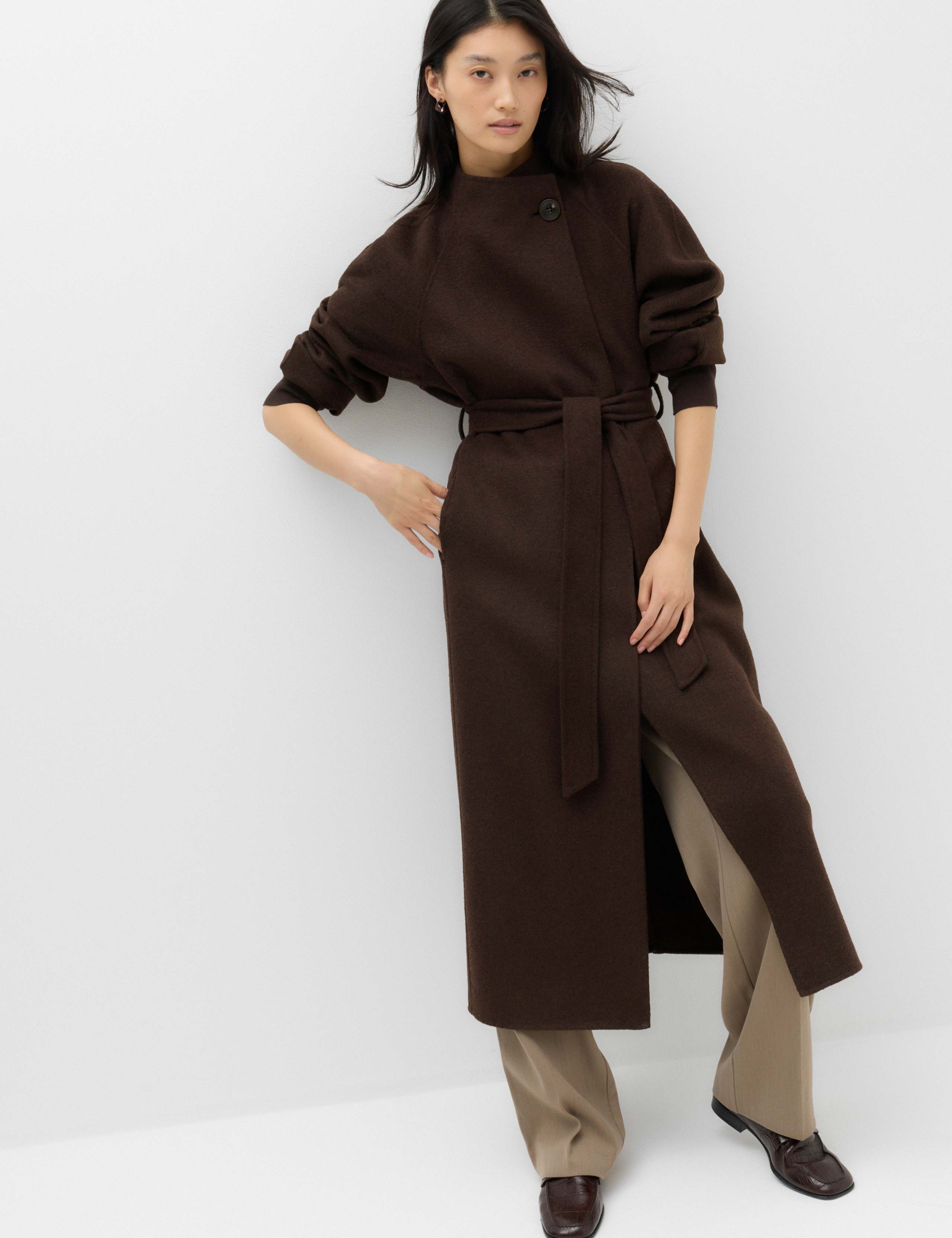 Wool Blend Belted Funnel Neck Longline Wrap Coat