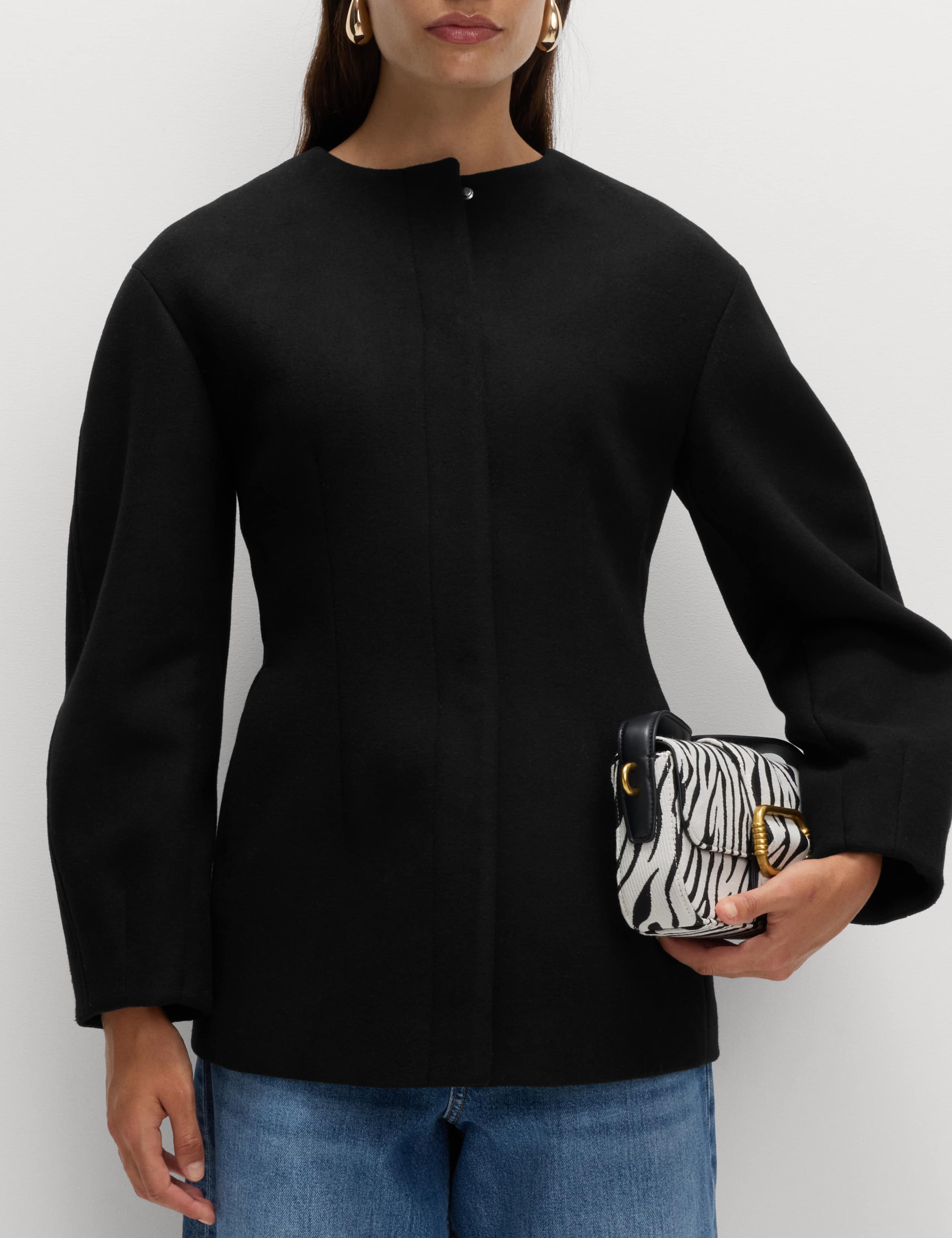Waisted Collarless Tailored Coat with Wool