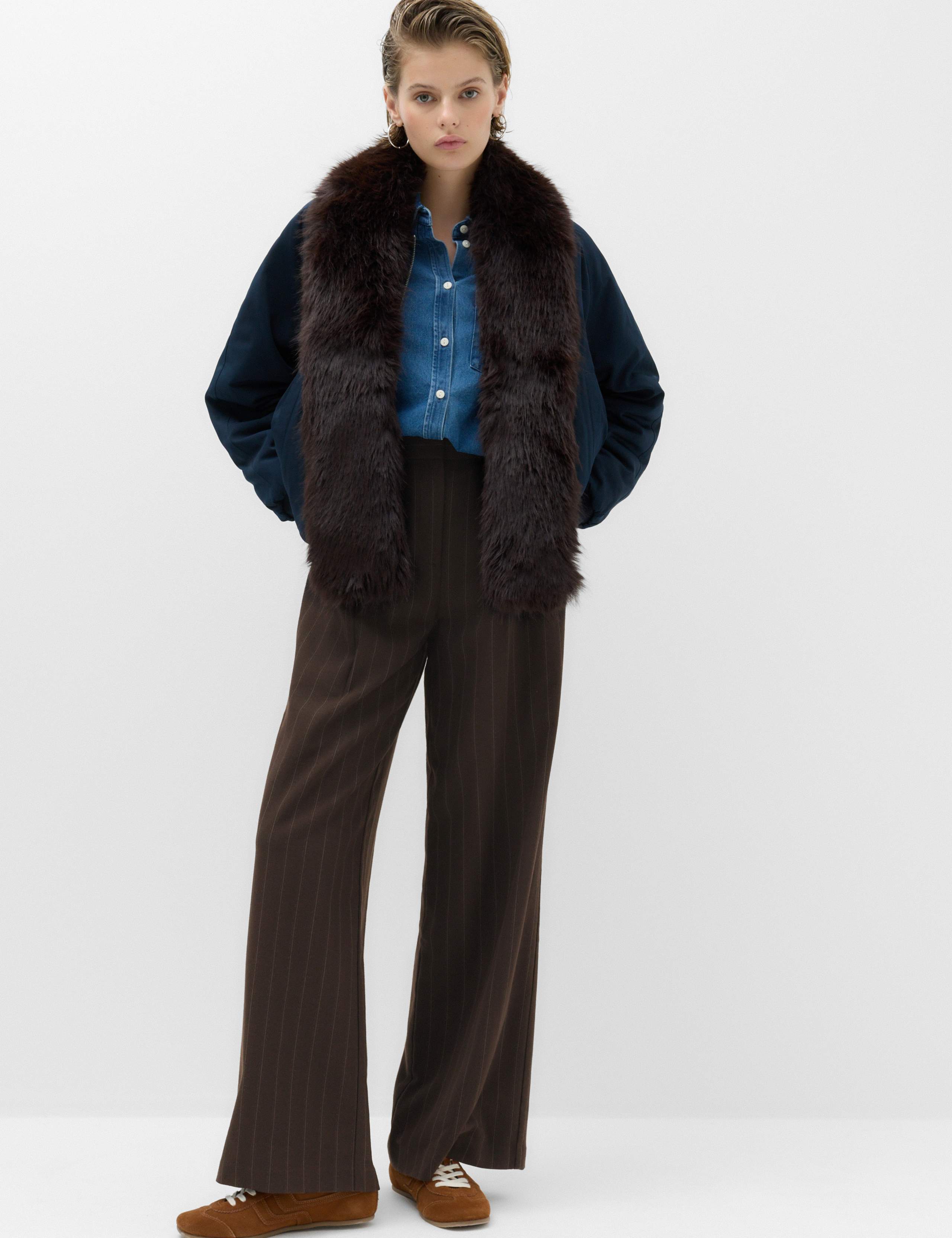 Pinstripe Pleat Front Wide Leg Trousers