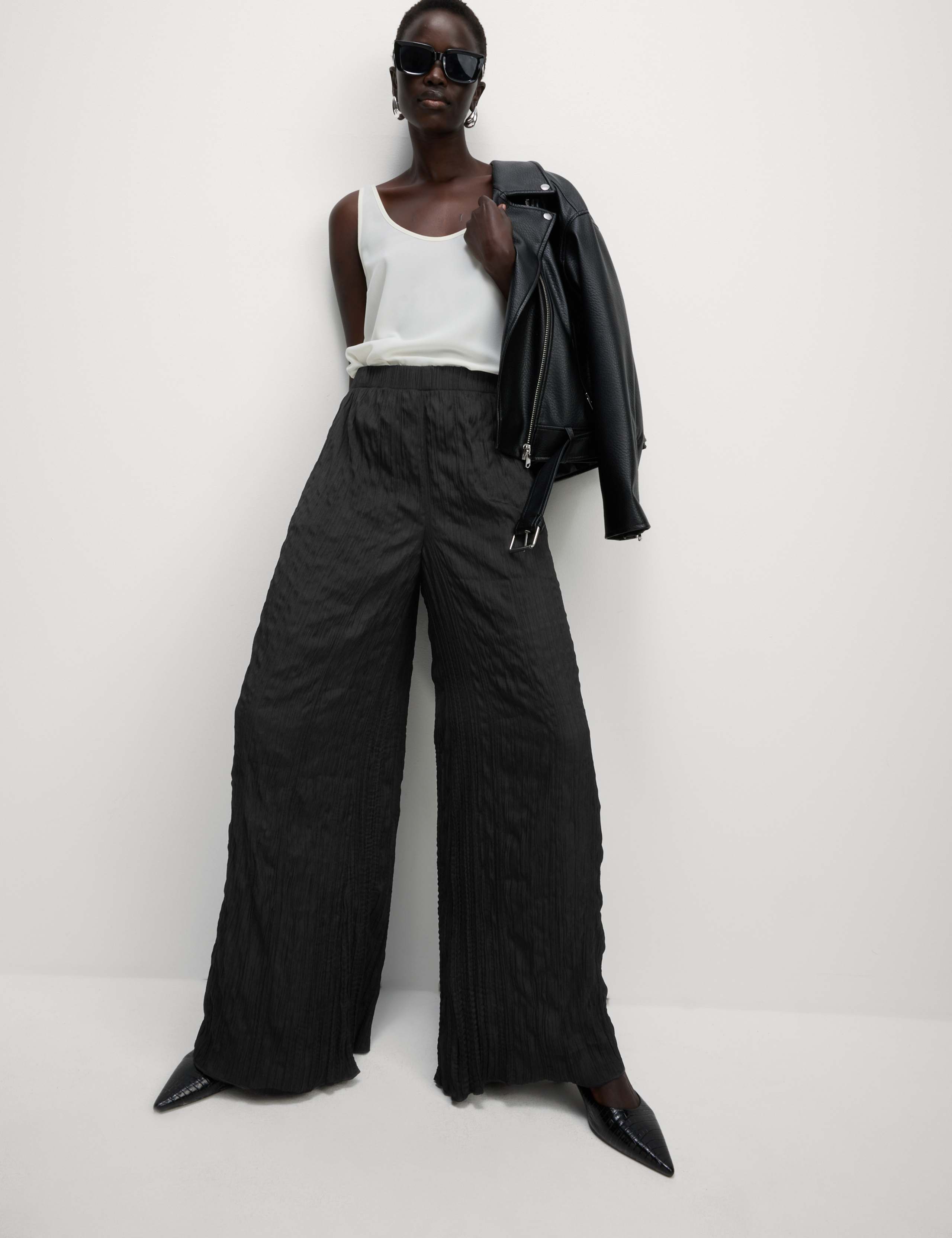 Plisse Wide Leg Trousers