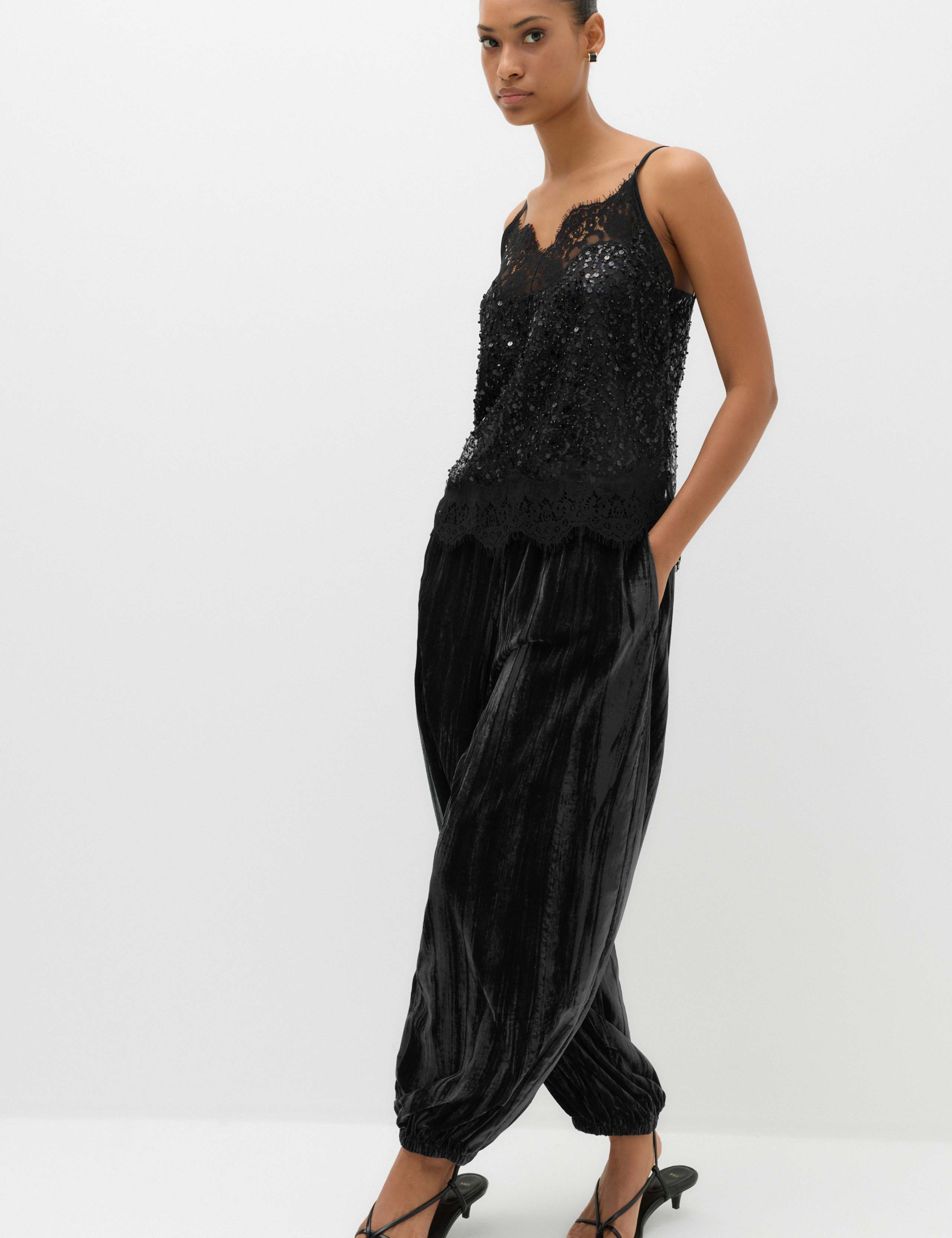 Velvet Pleat Front Barrel Leg Trousers