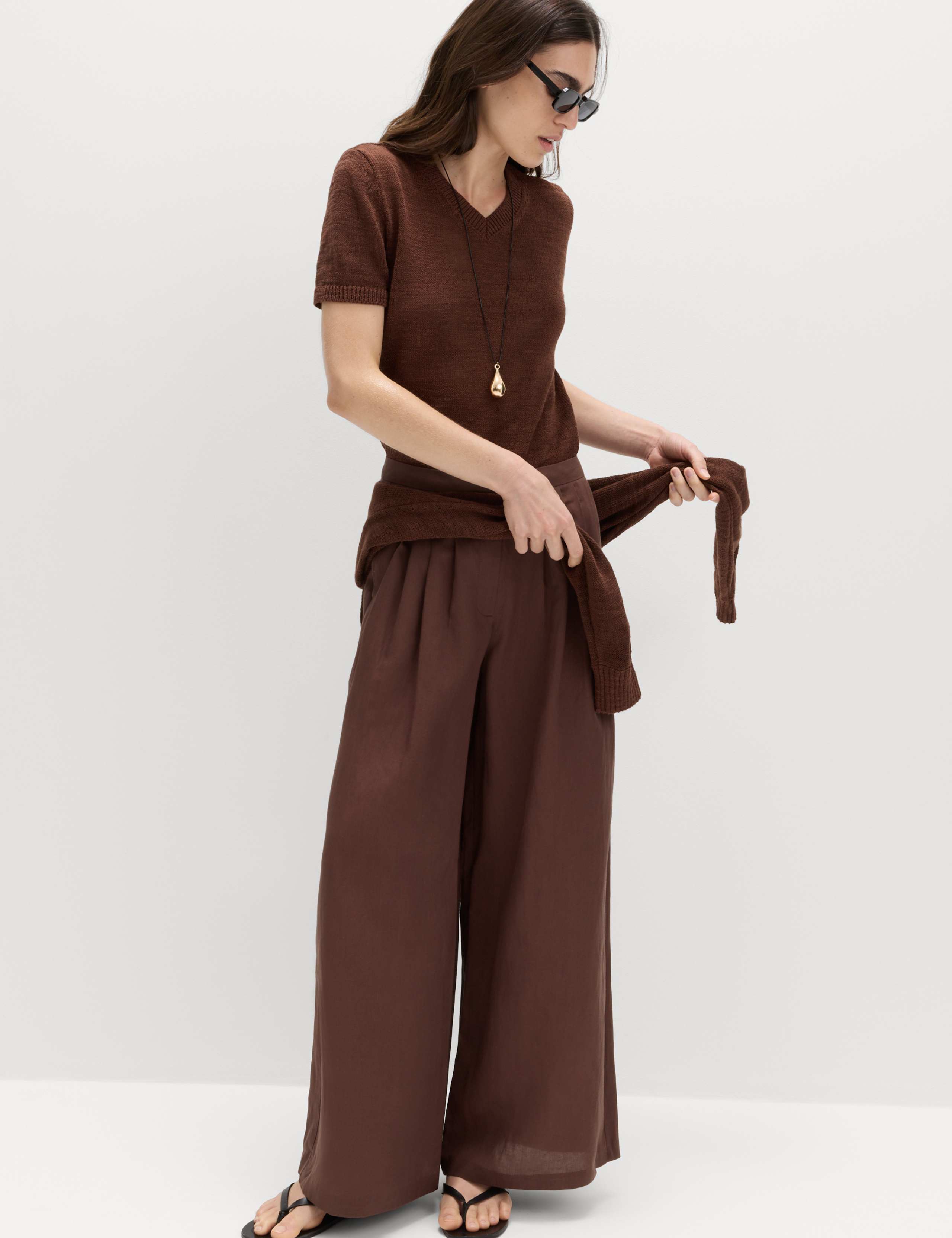 Pleated Utility Palazzo Trousers with Linen