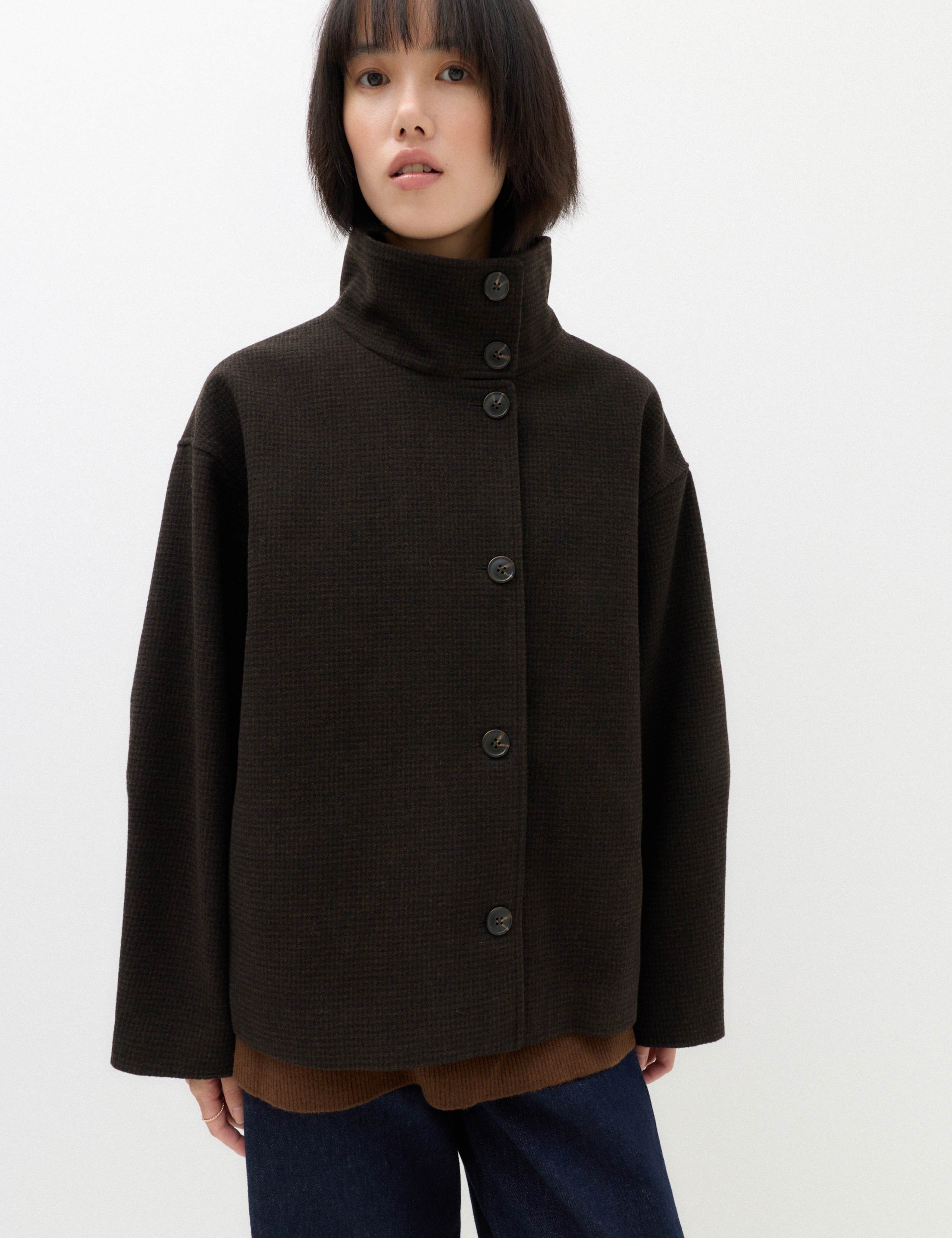 Checked Funnel Neck Short Coat with Wool