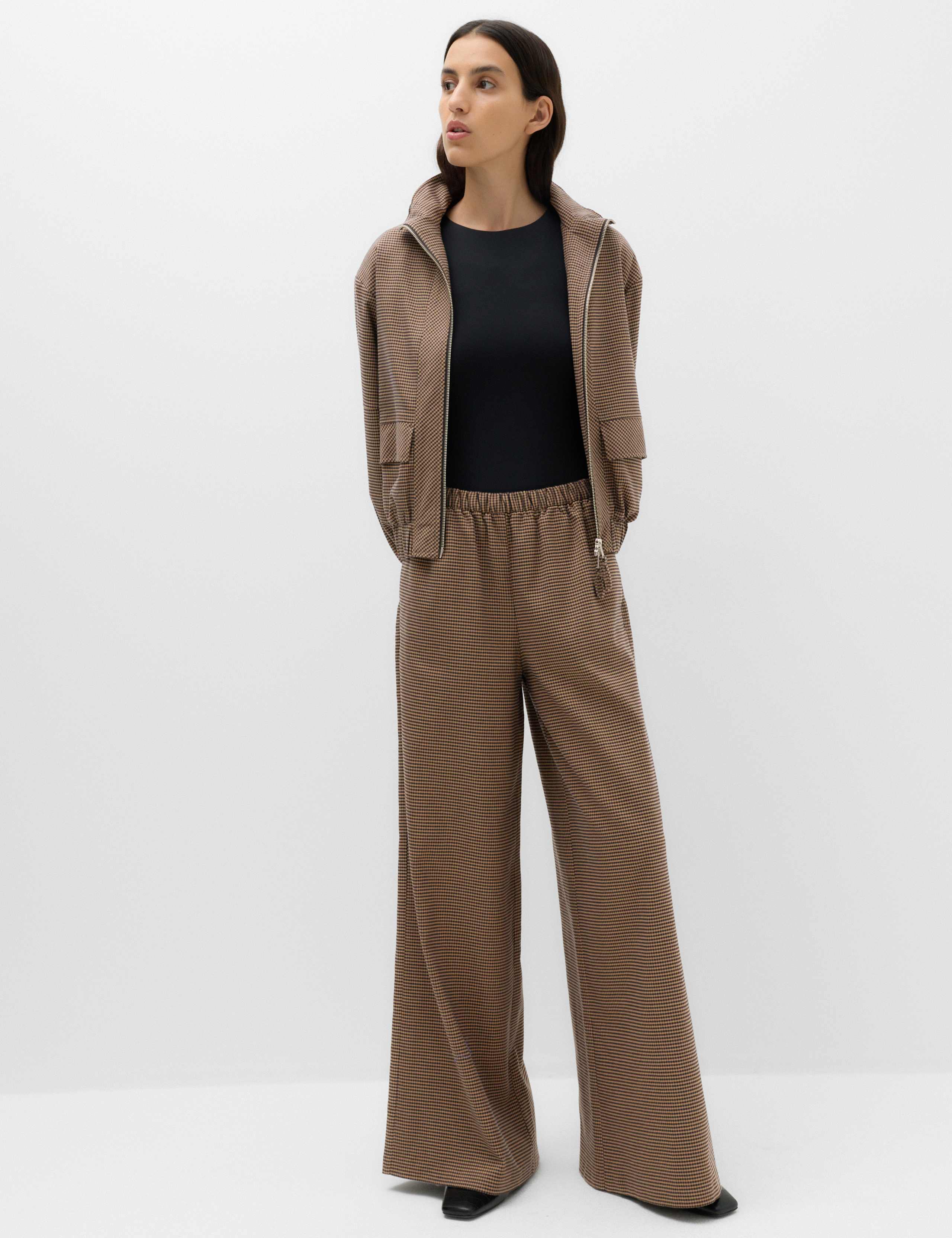 Checked Pull On Wide Leg Trousers