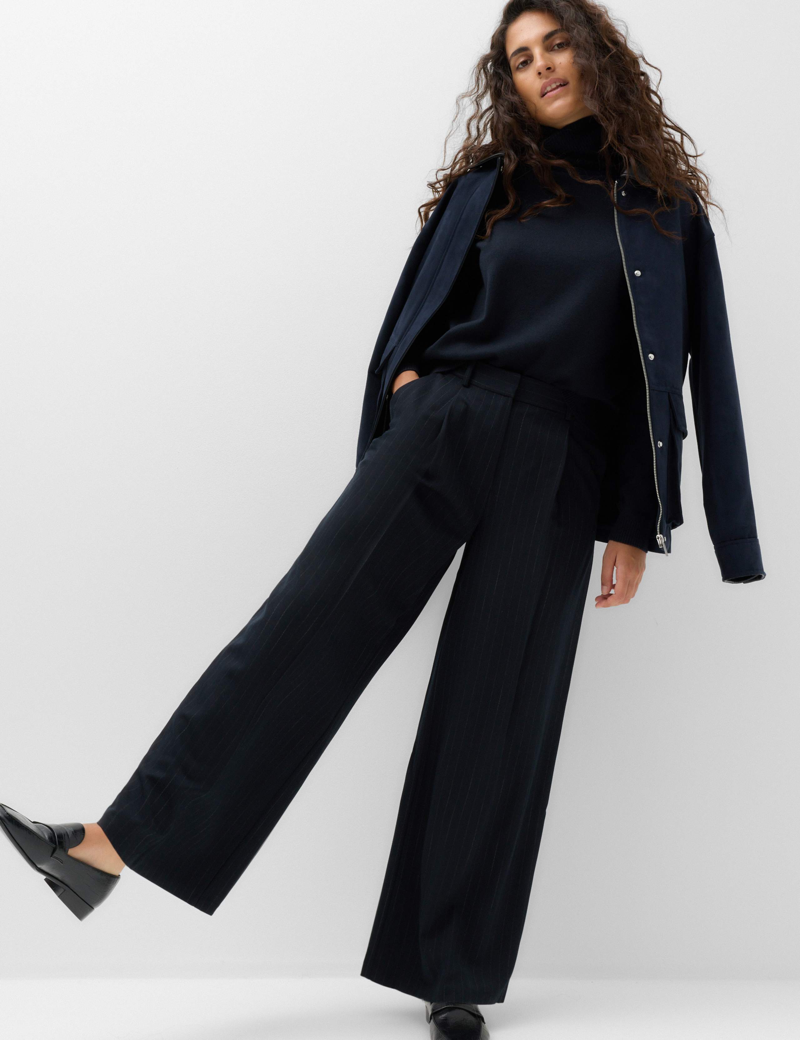 Woven Pinstripe Pleat Front Wide Leg Trousers