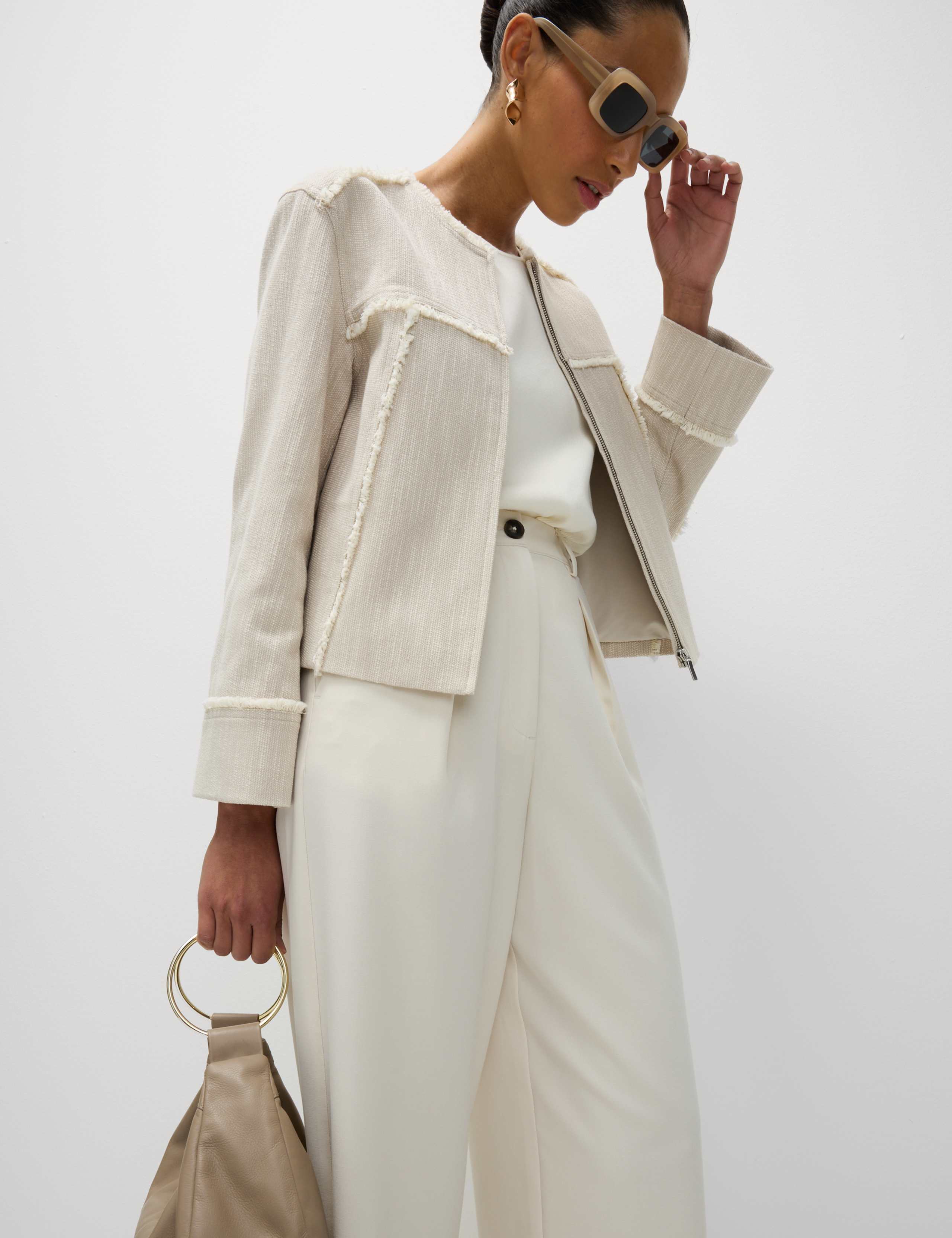 Pure Cotton Collarless Frayed Edge Jacket