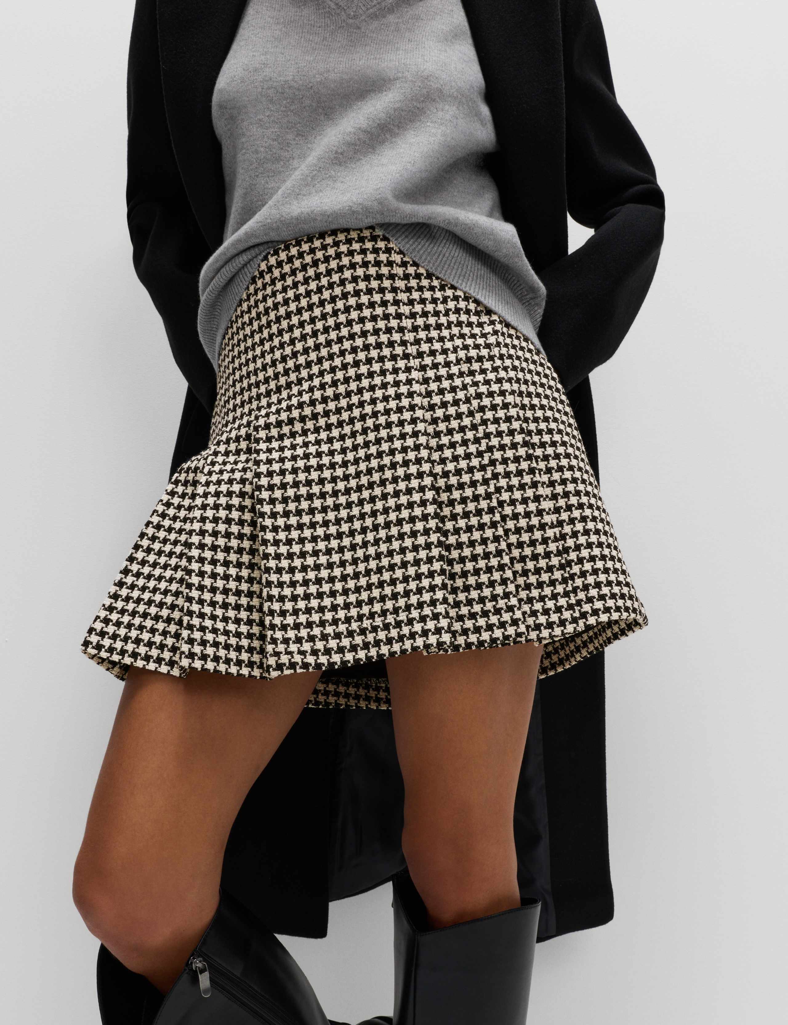 Cotton Rich Dogtooth Tweed Pleated Mini Skirt
