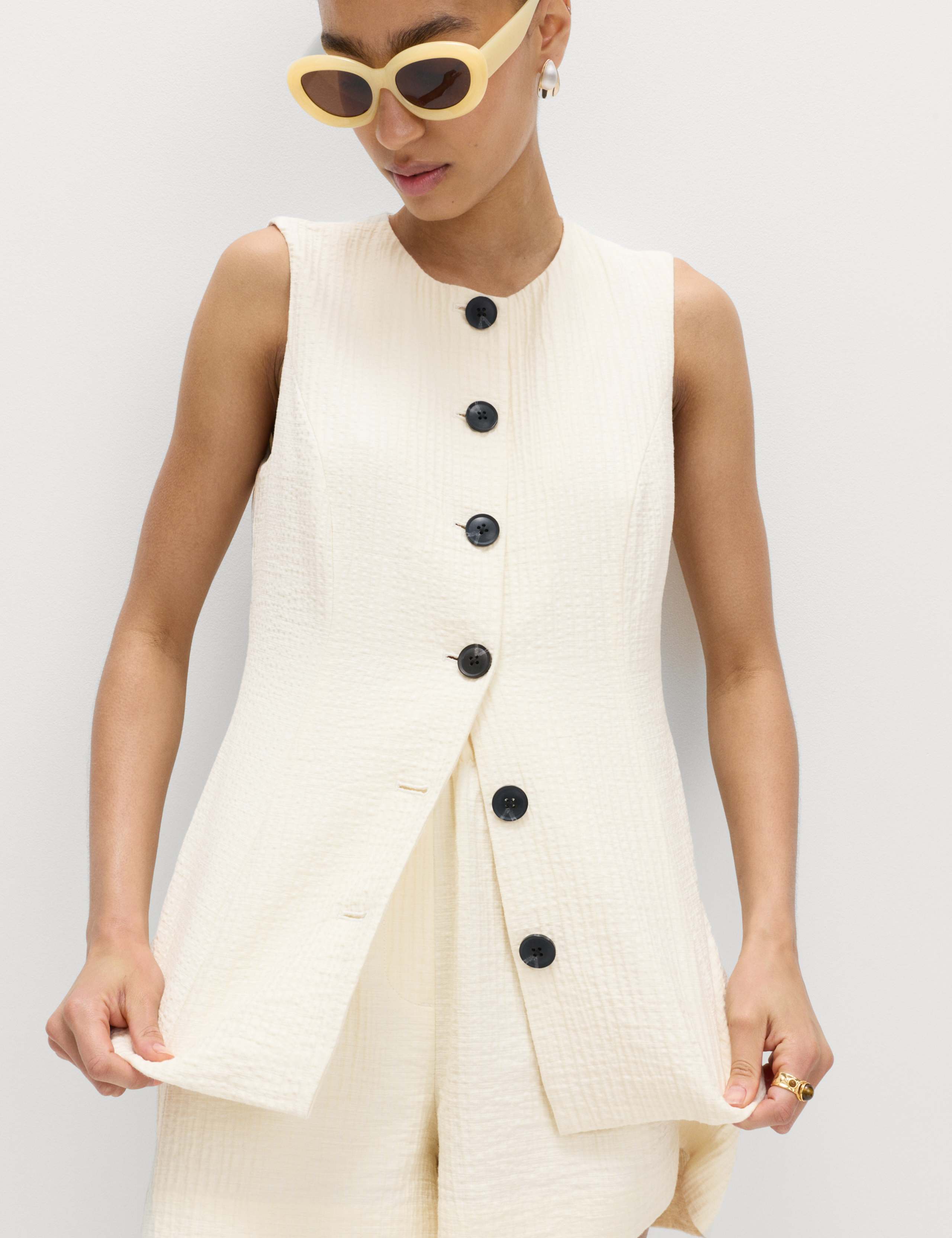 Cotton Blend Textured Longline Waistcoat