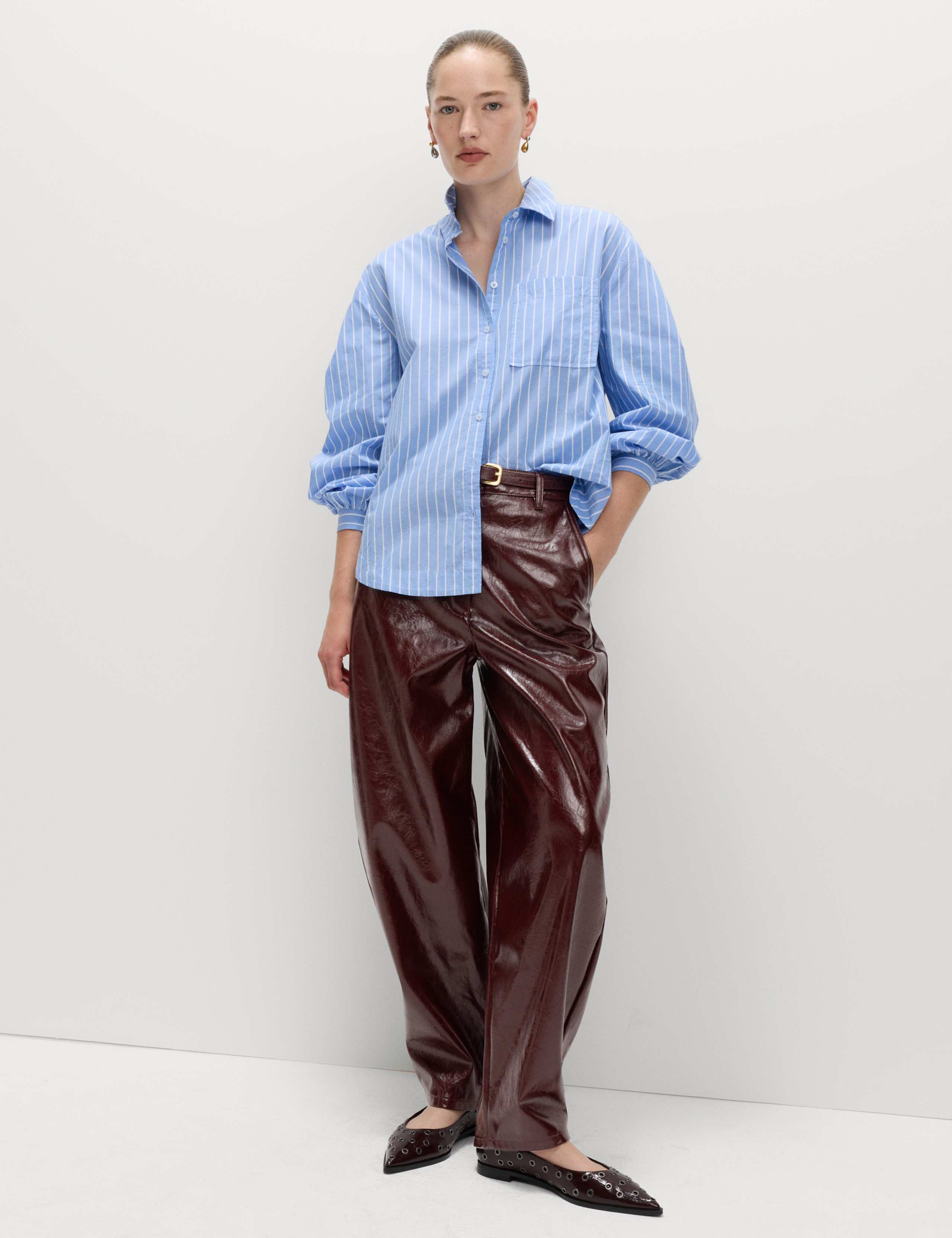 Leather Look Textured Barrel Leg Trousers