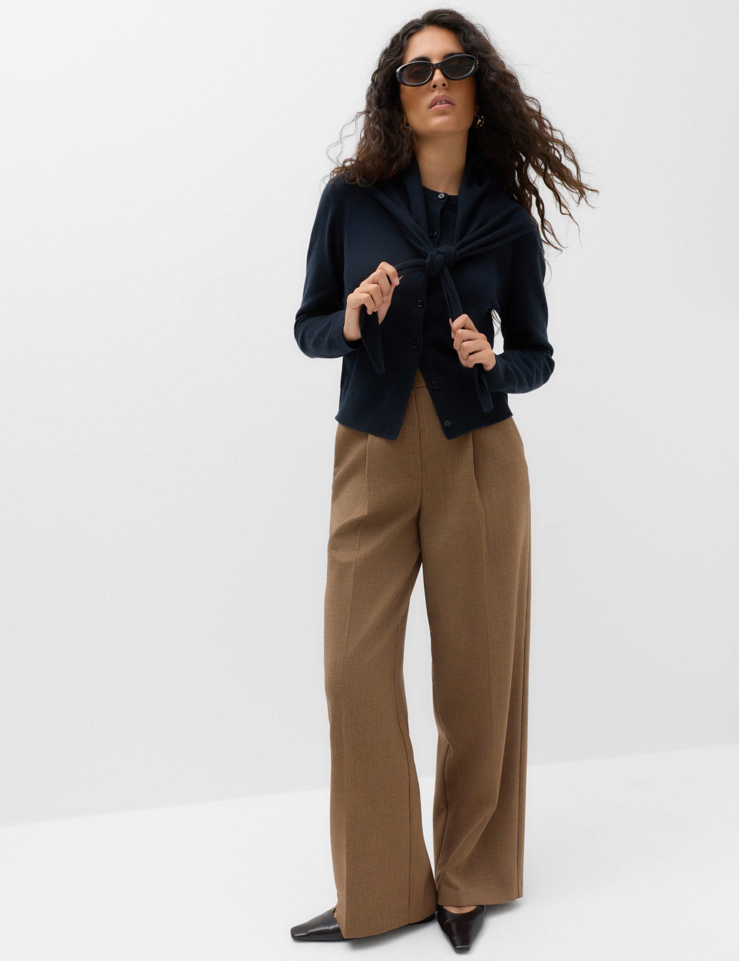 Pleated Micro Checked Wide Leg Trousers