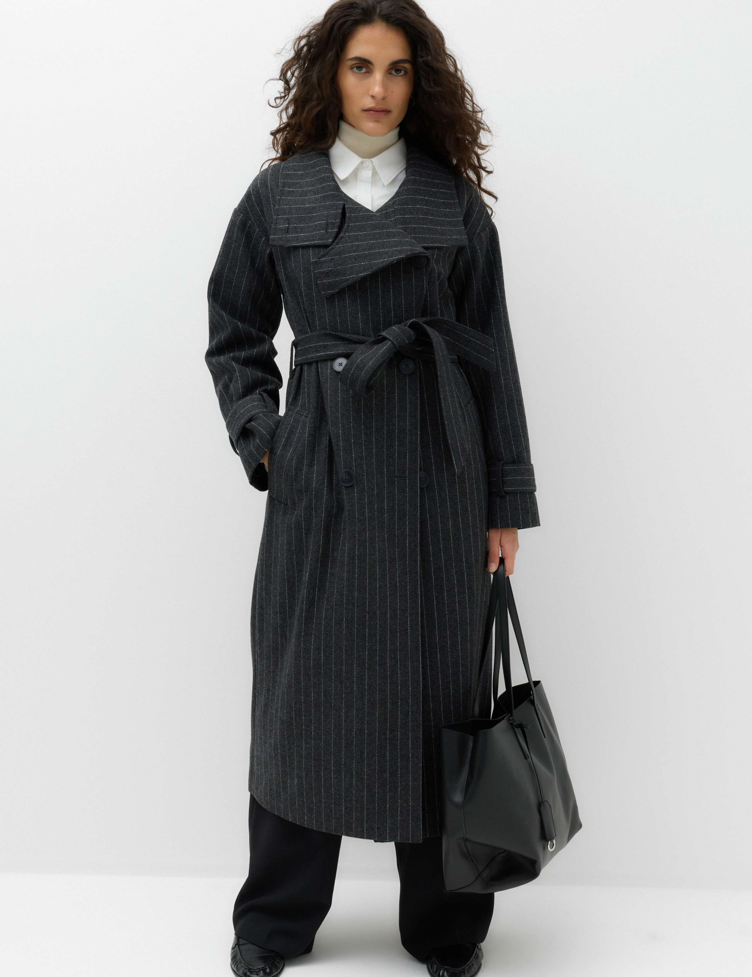 Pinstriped Funnel Neck Belted Asymmetric Trench Coat With Wool