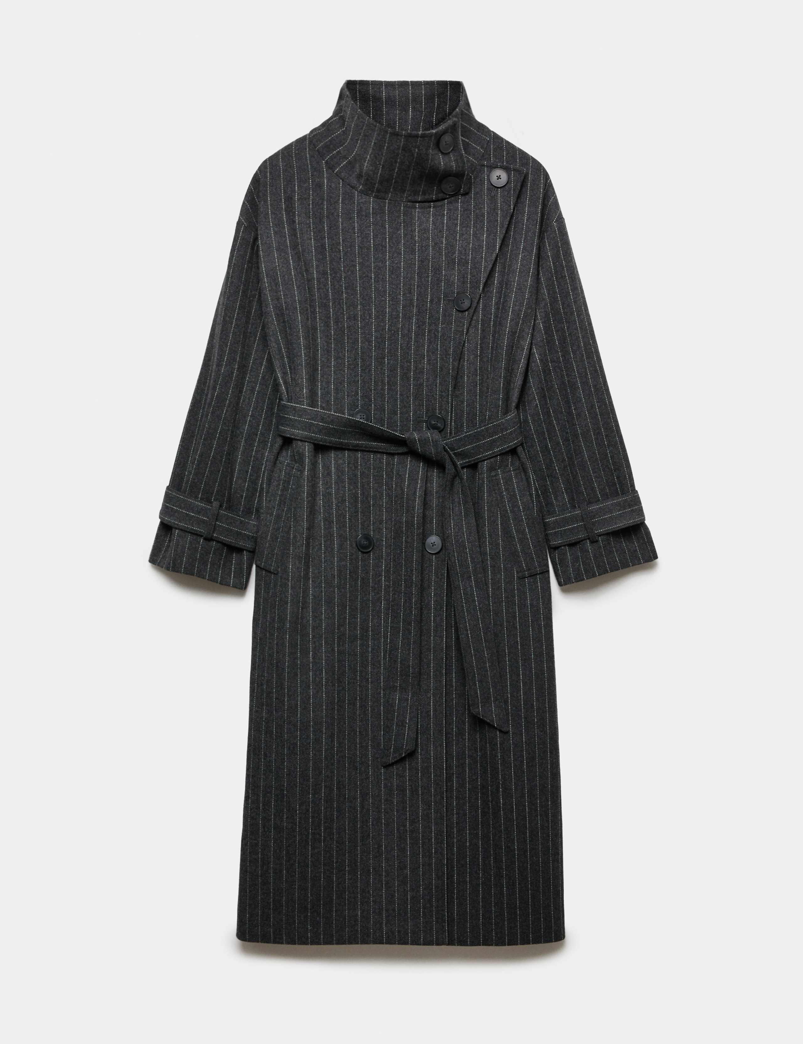 Pinstriped Funnel Neck Belted Asymmetric Trench Coat With Wool