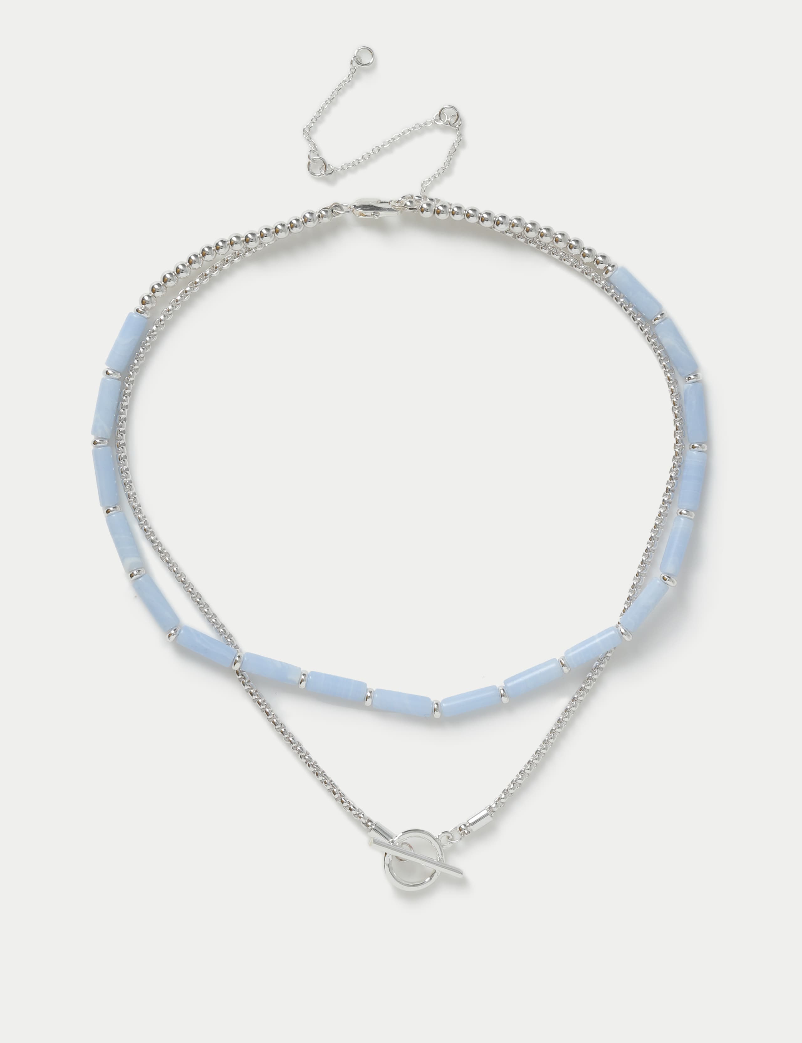 Silver Tone T-Bar and Blue Layering Necklace