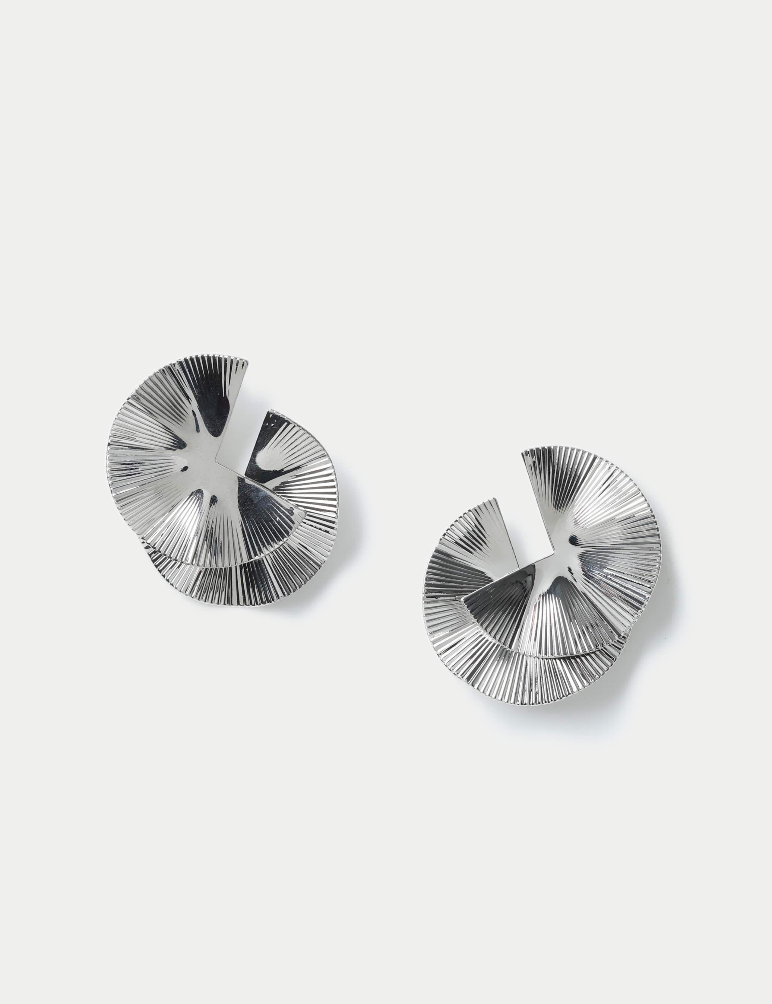 Oversized Rhodium Tone Circular Sector Ridge Earrings