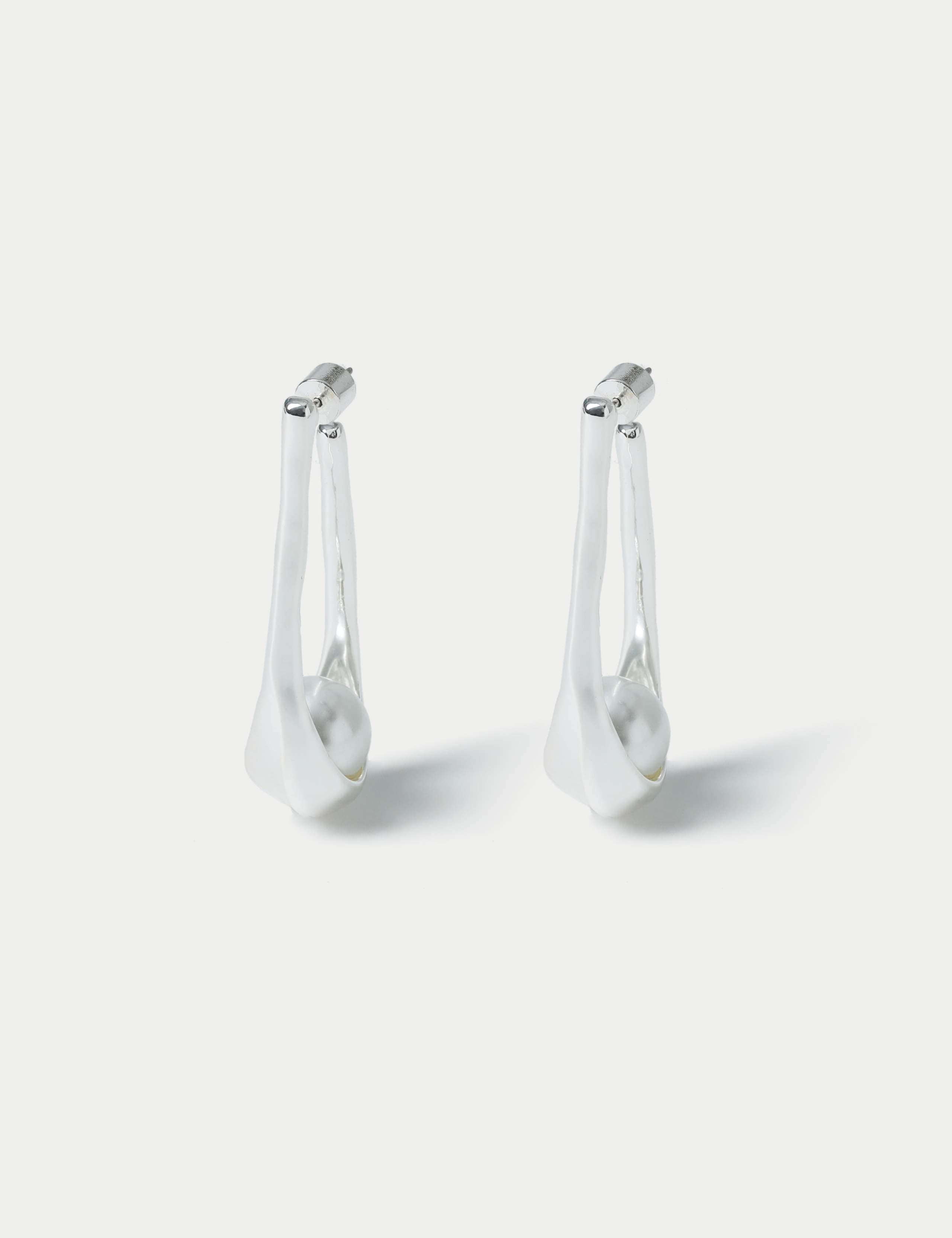 Silver Tone Elongated Pearl Drop Earrings