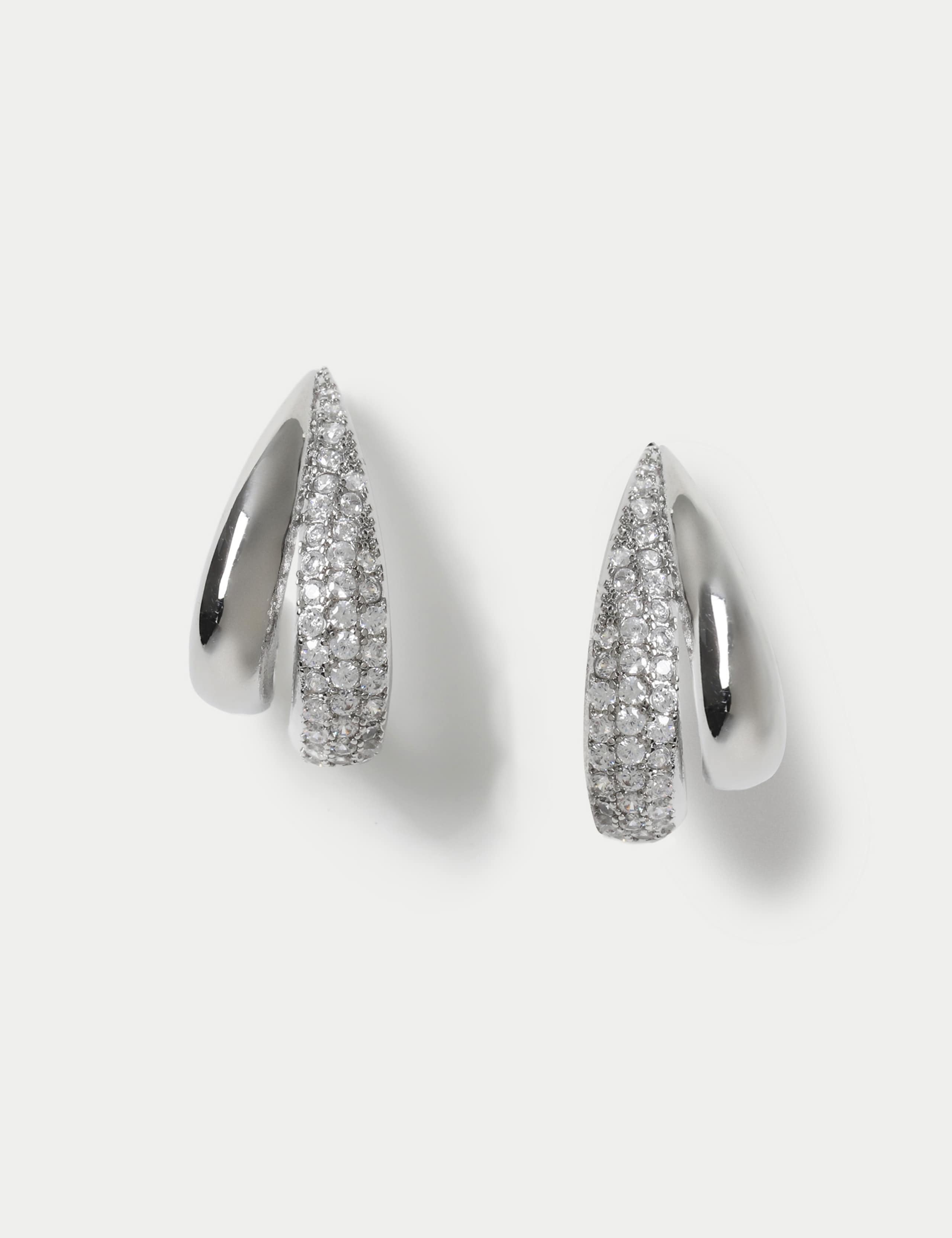 Platinum Plated Cubic Zirconia Double Hoop Earrings