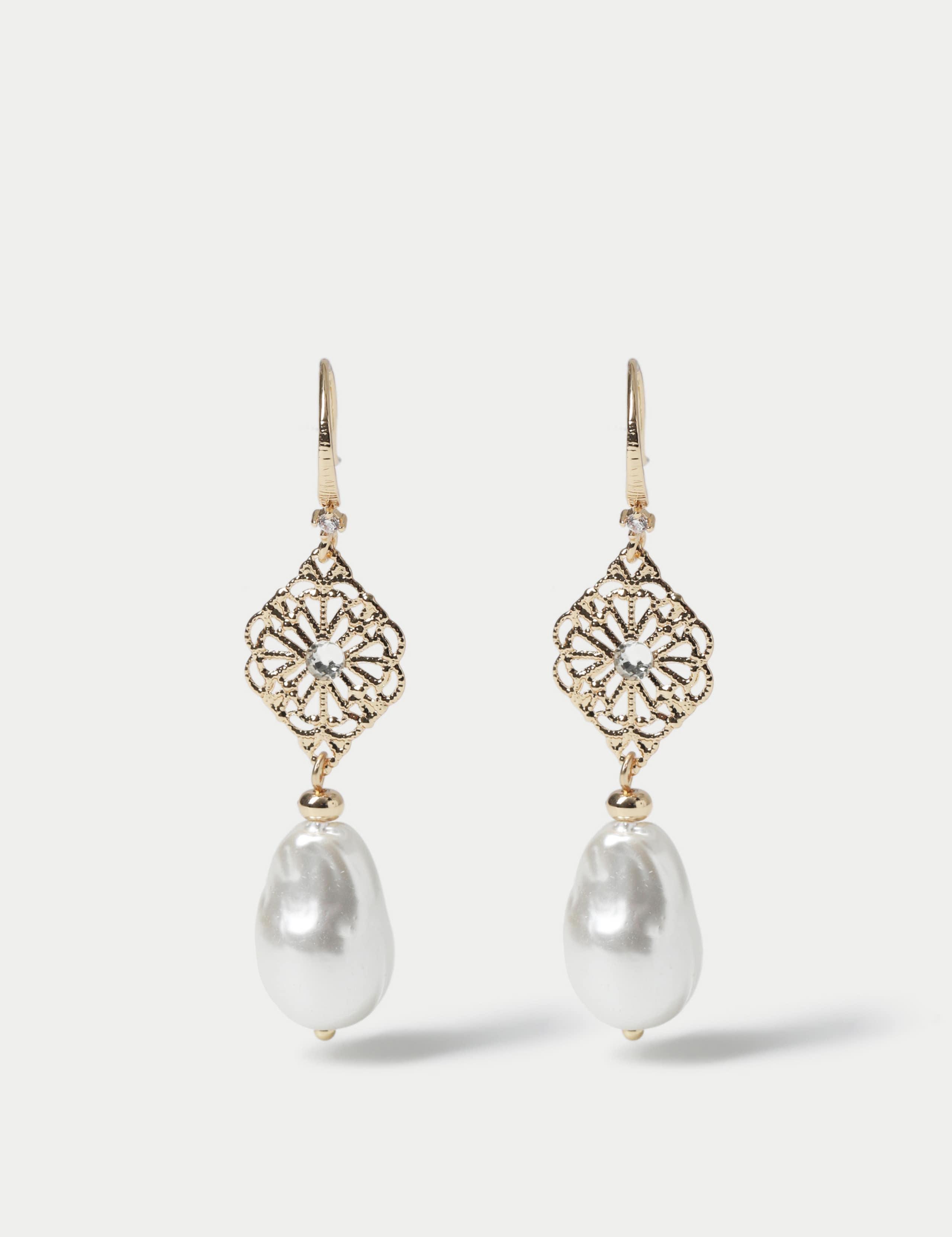 Fish Hook Filigree Pearl Drop Earrings