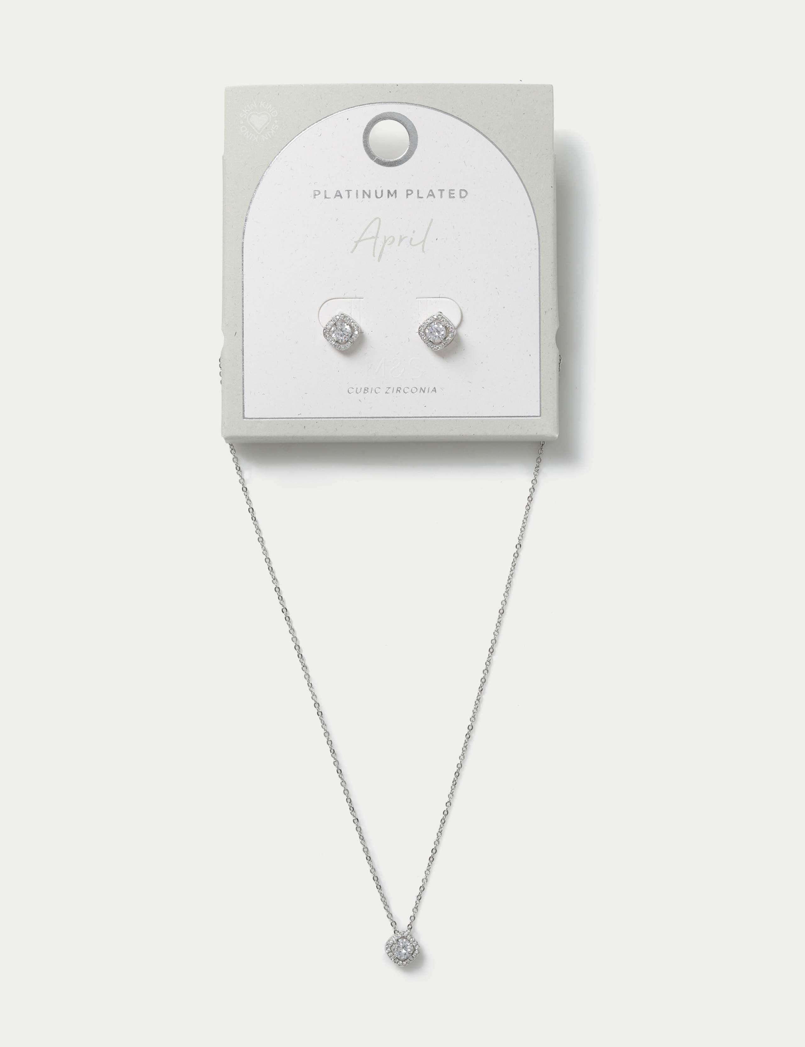 Platinum Plated April Birthstone Earring and Necklace Set