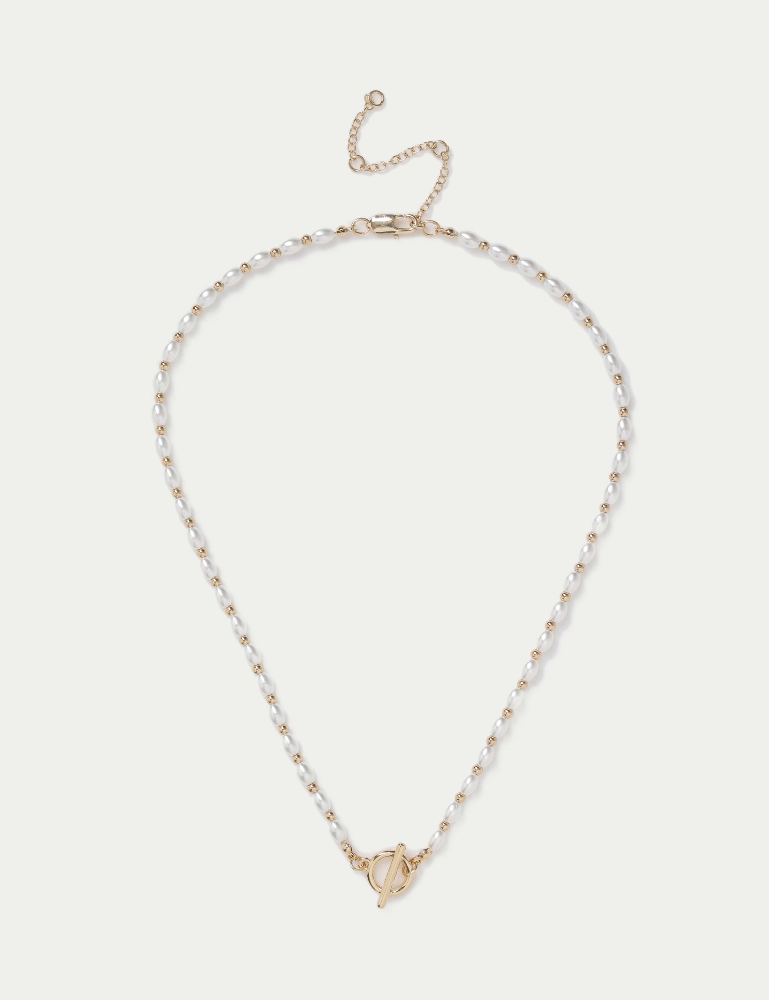 Gold Tone T-Bar And Pearl Necklace
