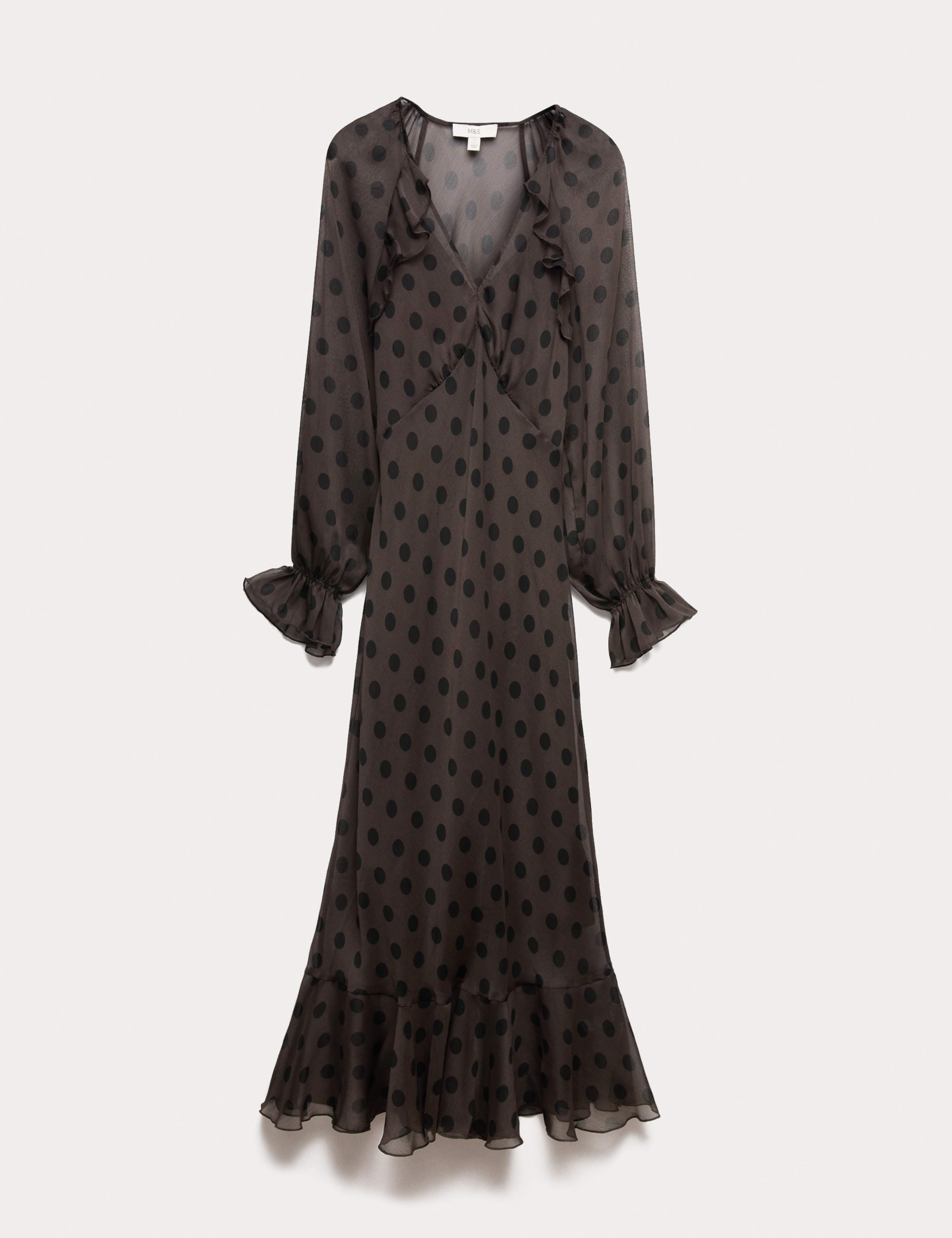 Polka Dot V-Neck Frill Midaxi Dress