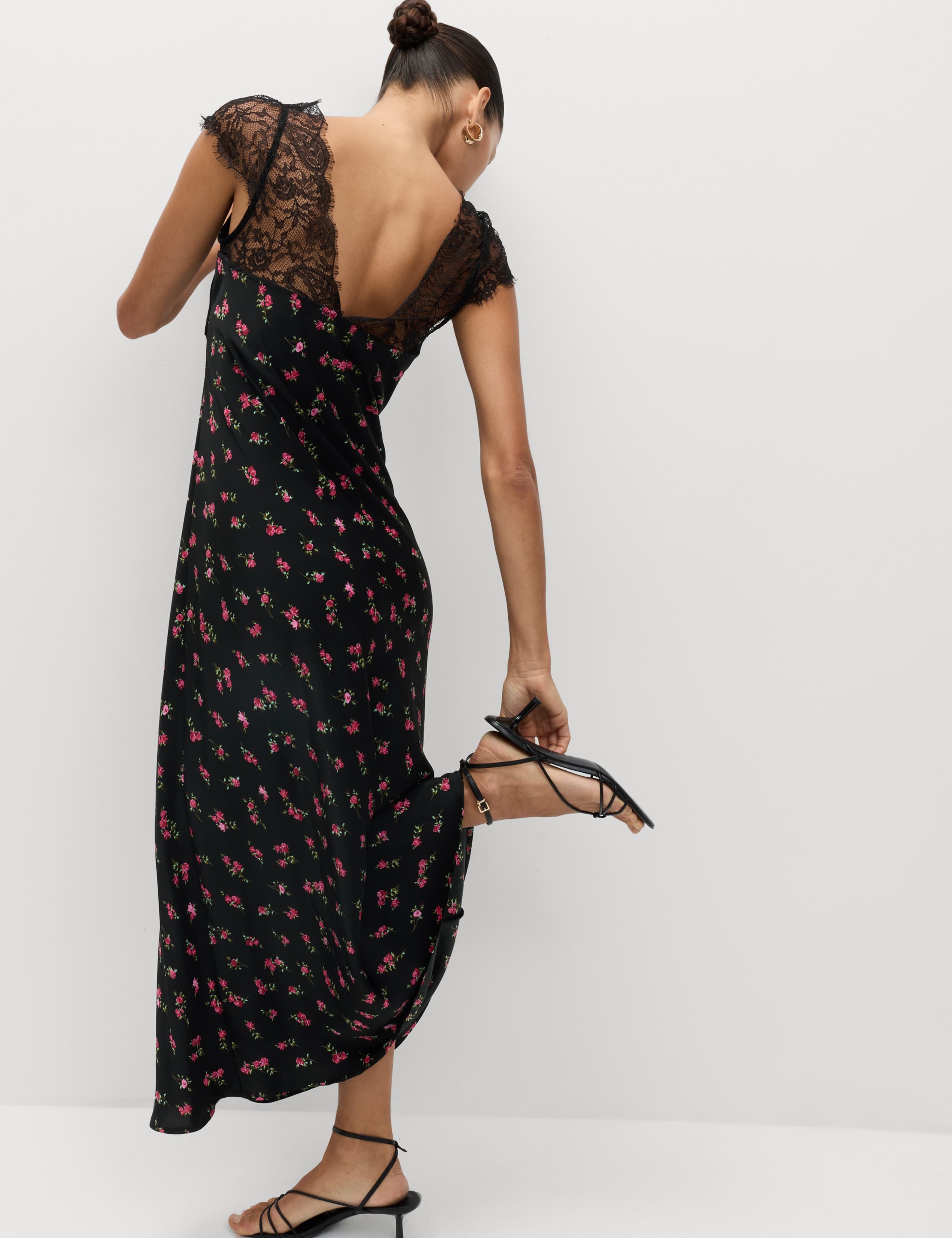 Floral V-Neck Lace Detail Midaxi Slip Dress