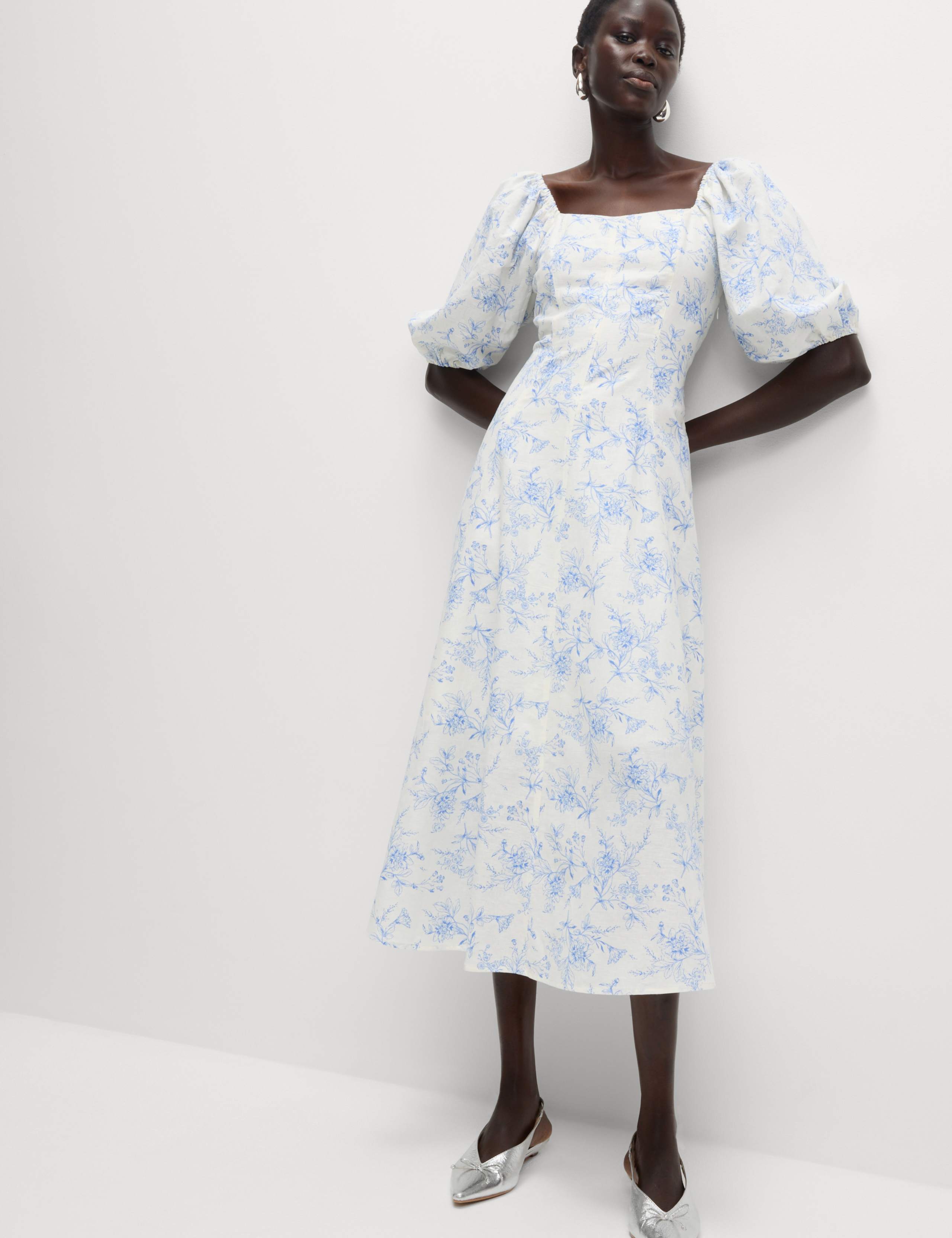 Linen Rich Printed Square Neck Midaxi Dress