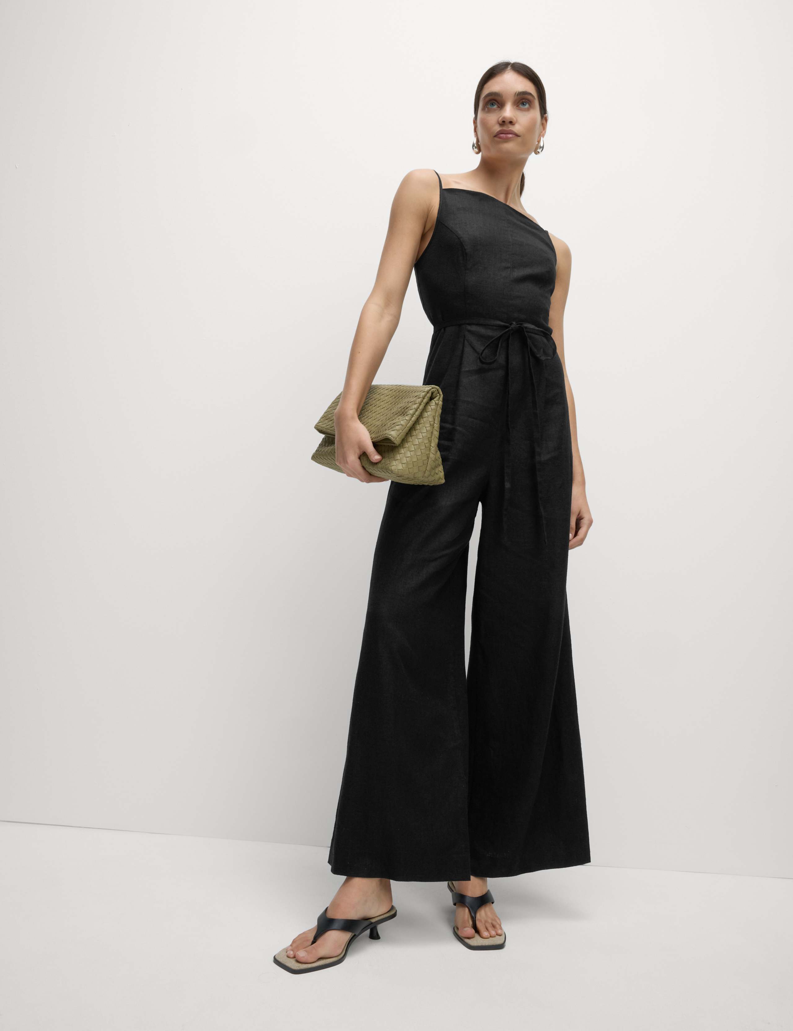 Linen Blend Square Neck Sleeveless Jumpsuit