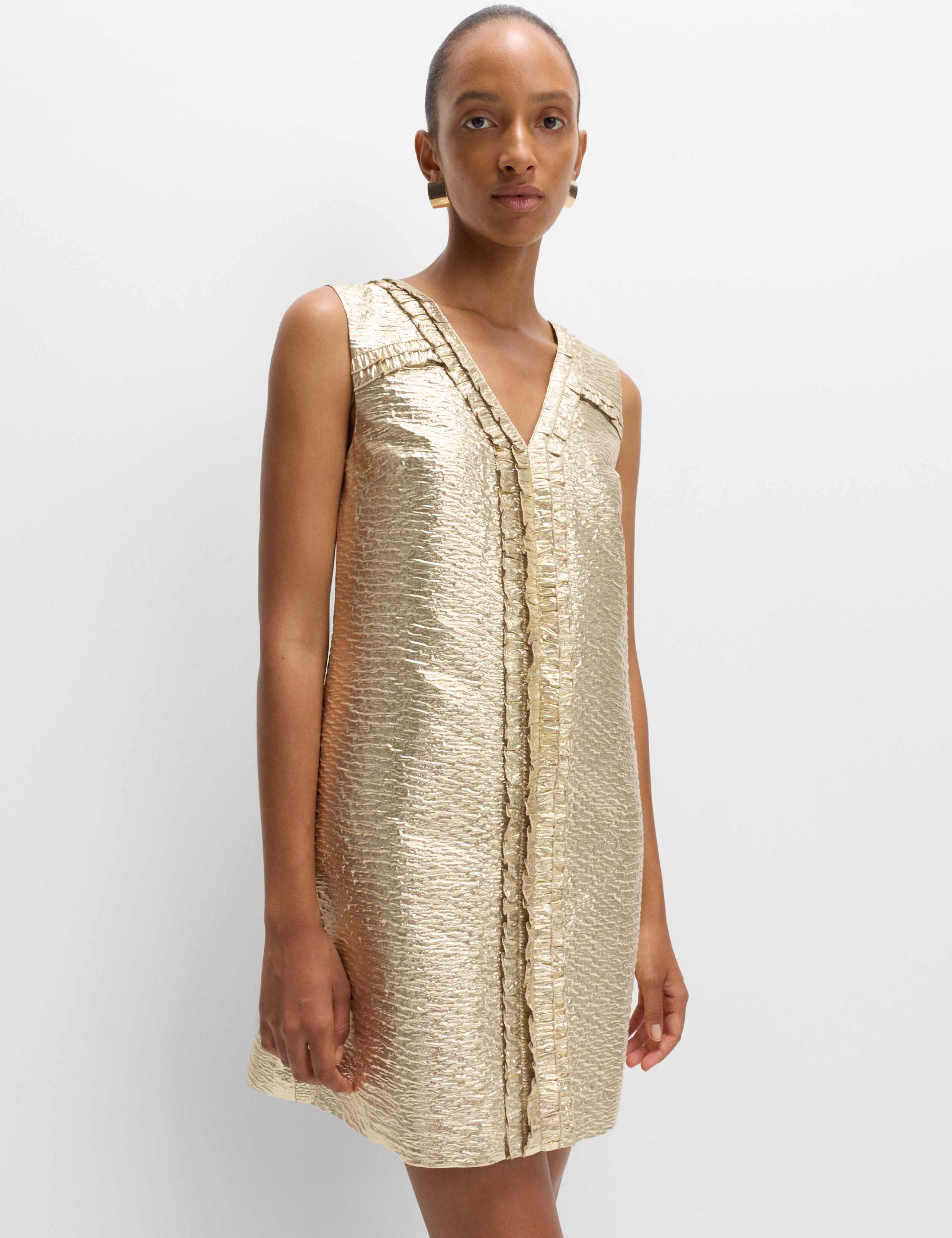 Gold Jacquard V-Neck Mini Shift Dress