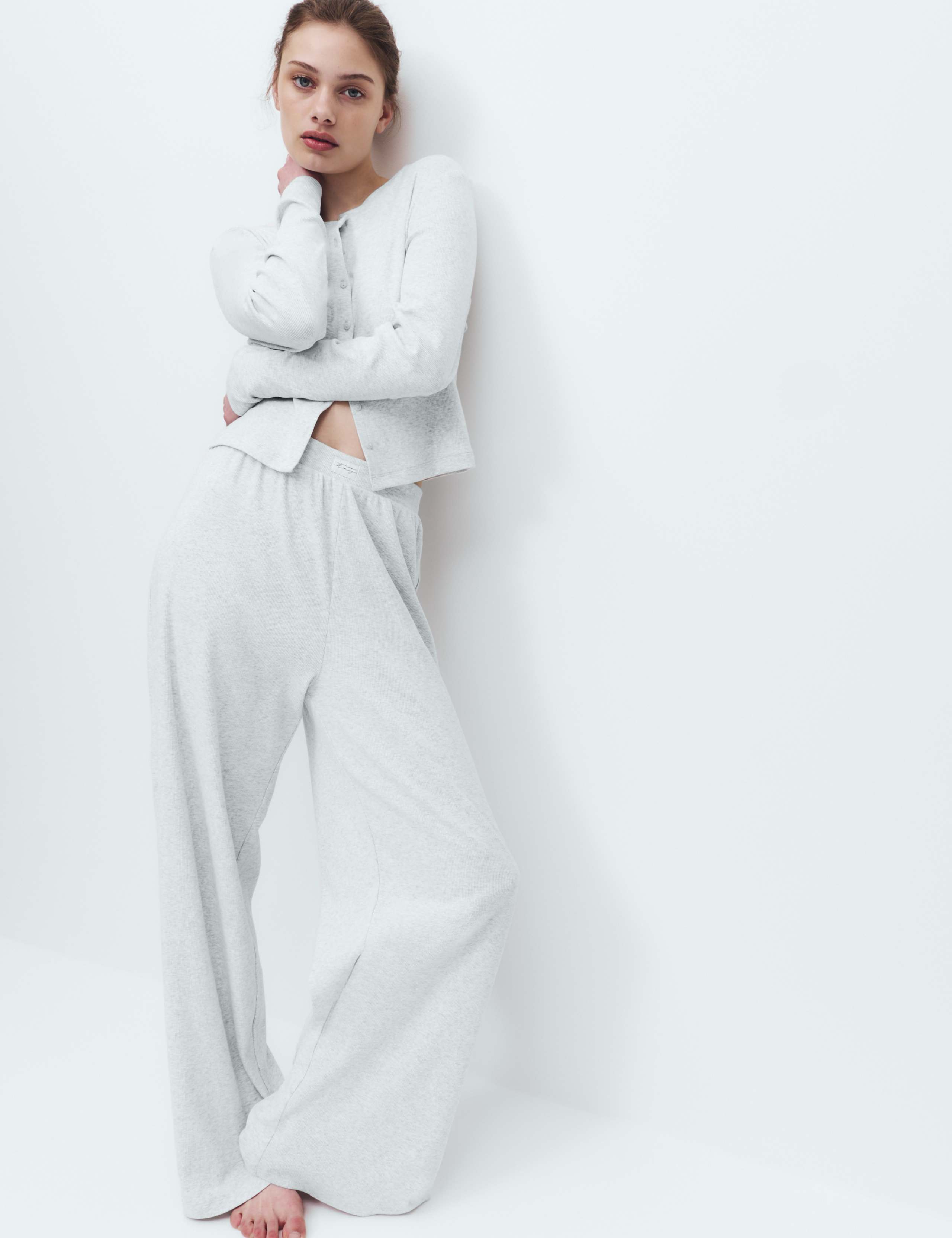 Cotton Rich Ribbed Wide Leg Pyjama Bottoms