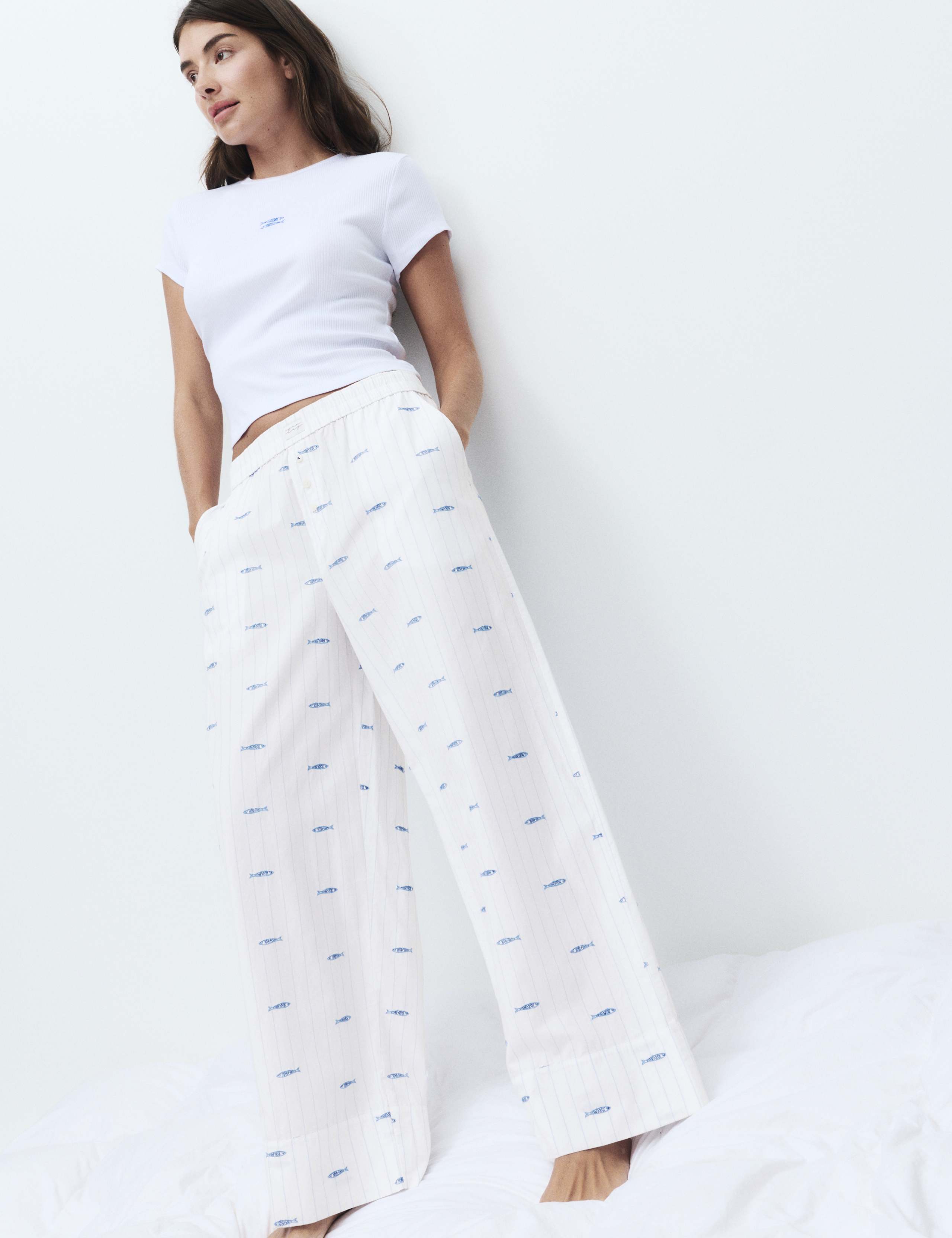 Pure Cotton Poplin Embroidered Pyjama Bottoms