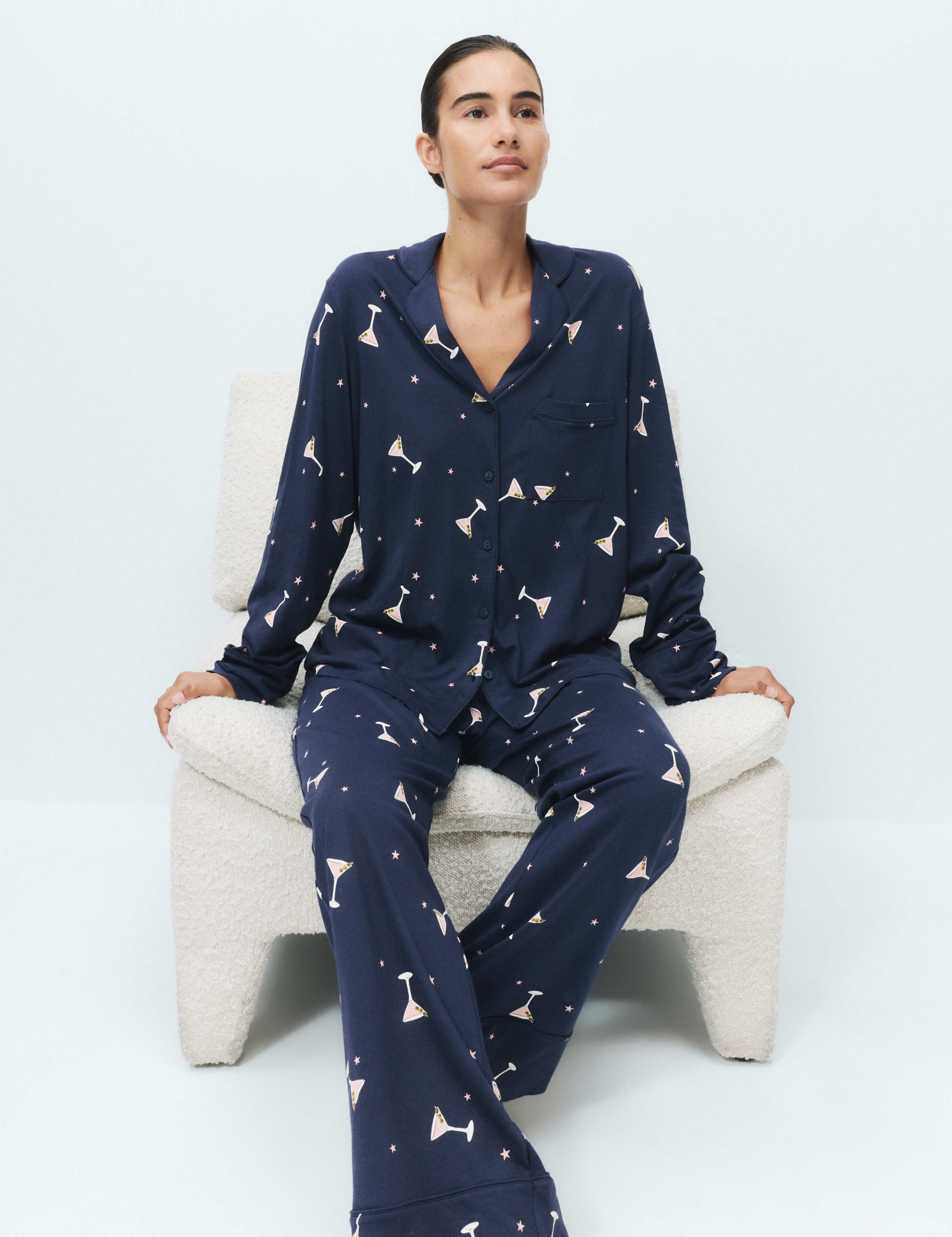 Cotton Modal Printed Revere Long Pyjama Set